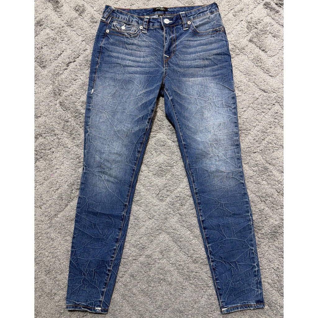 True Religion Jennie Curvy Mid Rise Super Skinny Flap Blue Jeans Crinkle Size 29