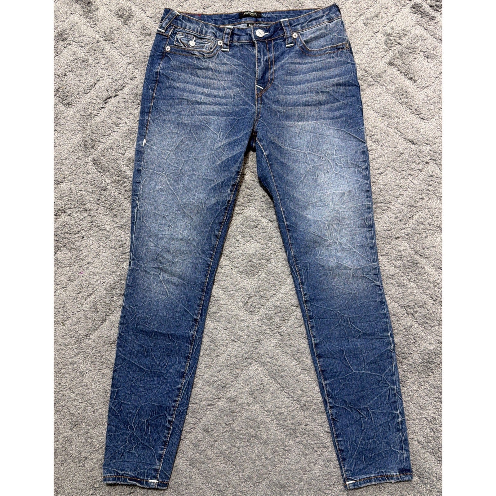 True Religion Jennie Curvy Mid Rise Super Skinny Flap Blue Jeans Crinkle Size 29