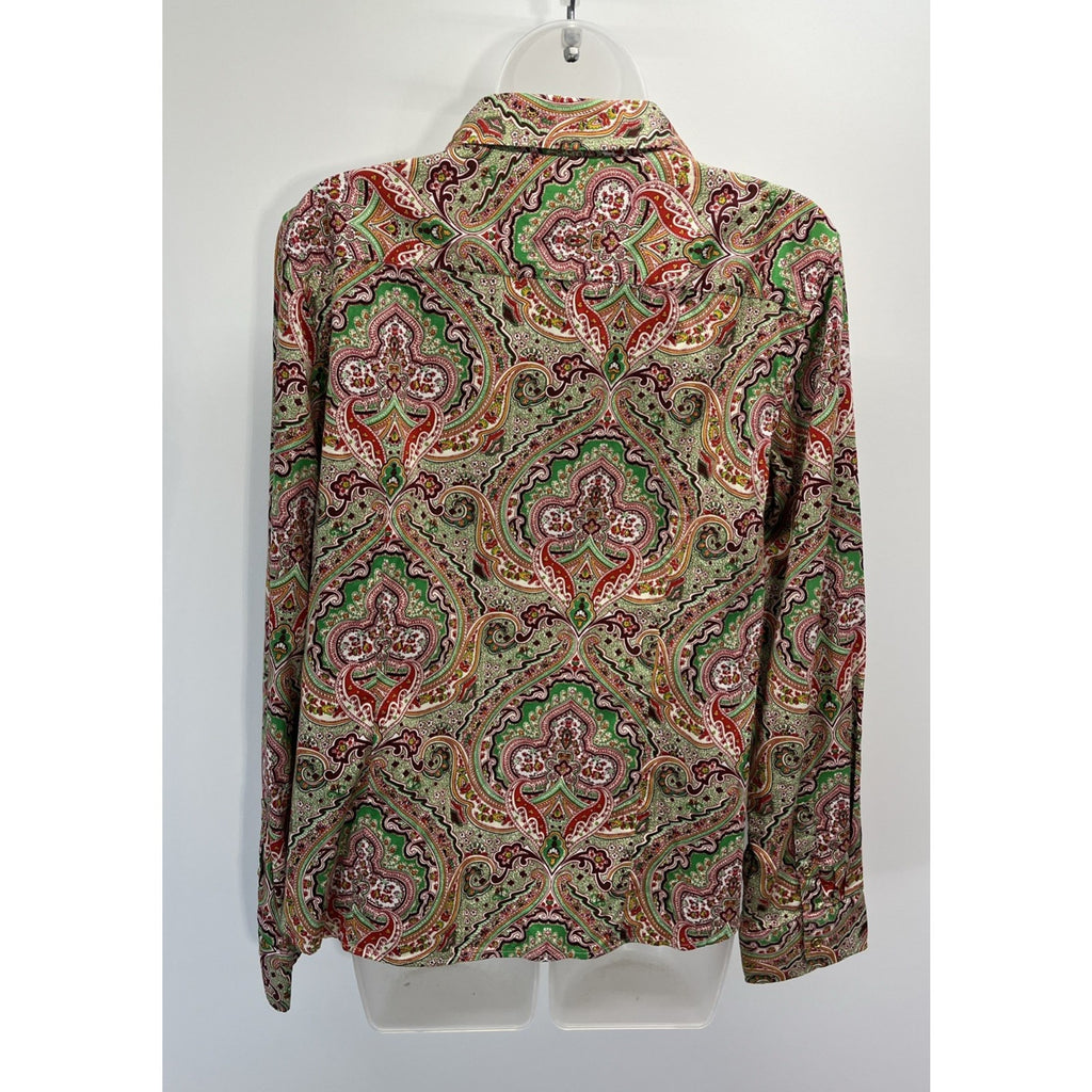 Talbots Green Red Paisley Button Down Shirt Stretch Collared Long Sleeve 14