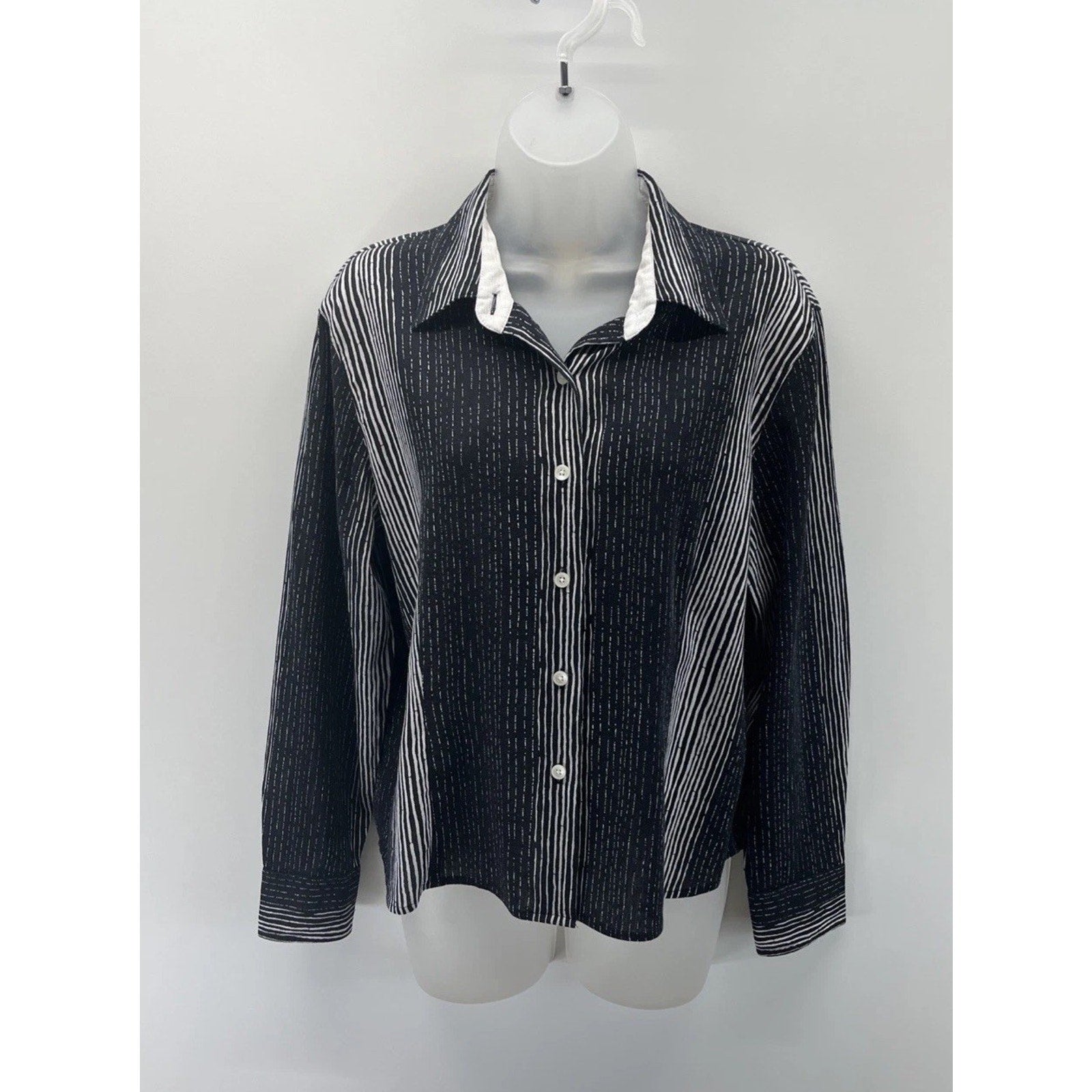 Talbots Shirt Womens Sz MP Black White Striped Long Sleeve Casual Button Up