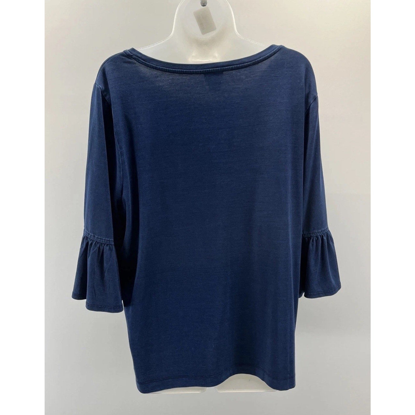 Chico's Navy Semi Sheer Stretch Top 3/4 Bell Sleeve Size 3 EUC