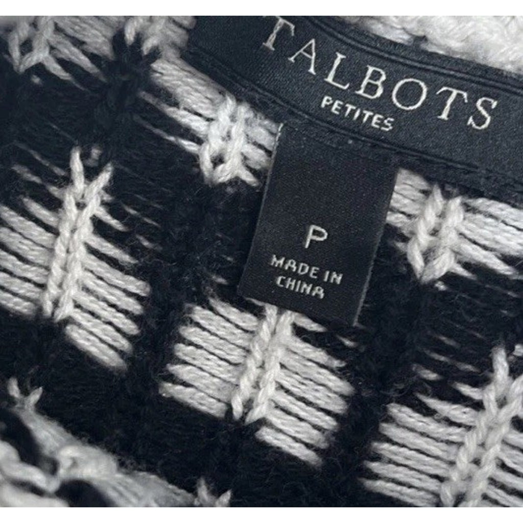 TALBOTS Womens Classic Geometric Button Neck Pullover Sweater Cream Black Petite