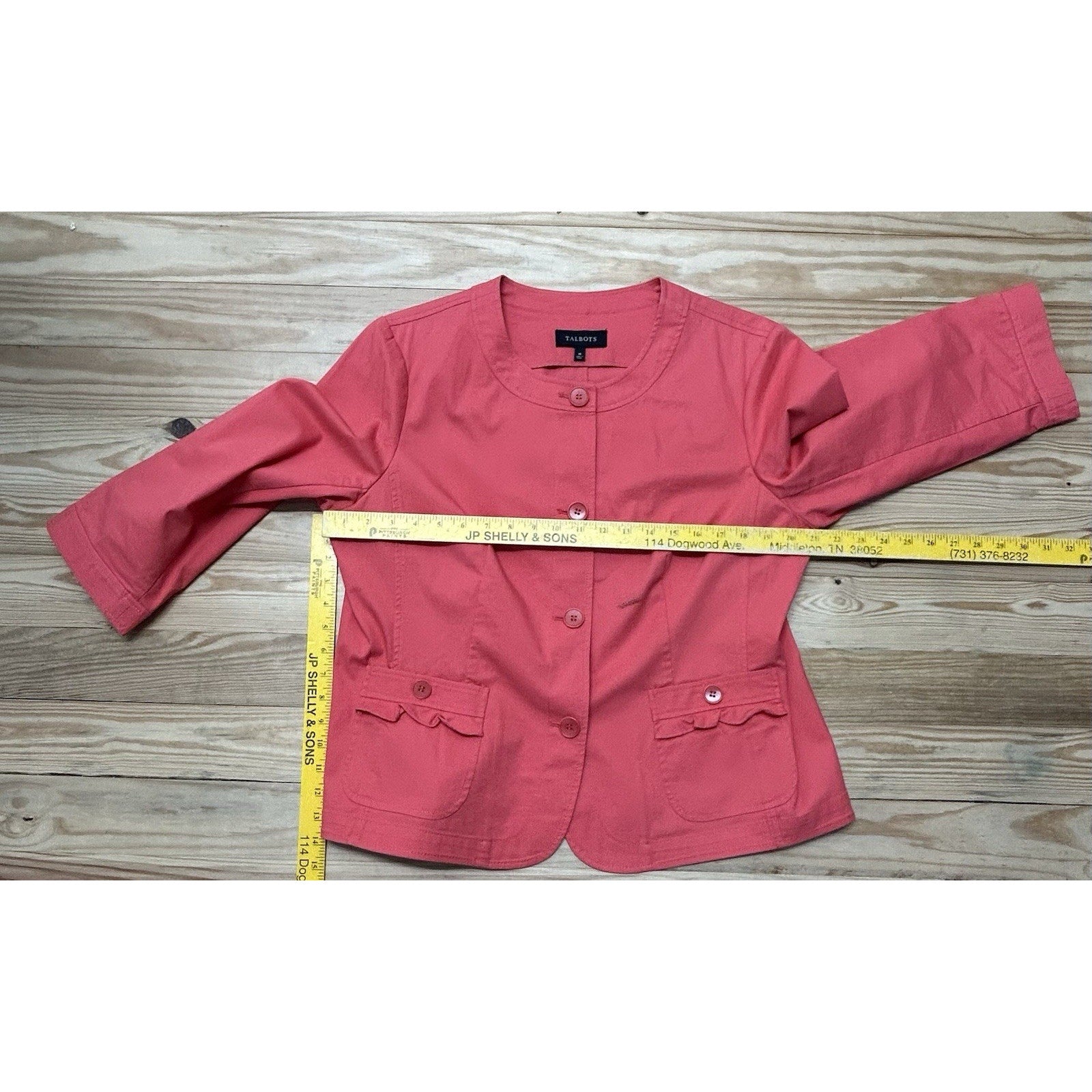 Talbots Blazer Womens Size 16 Coral Colored Ruffled Pockets 98% Cotton Jacket.