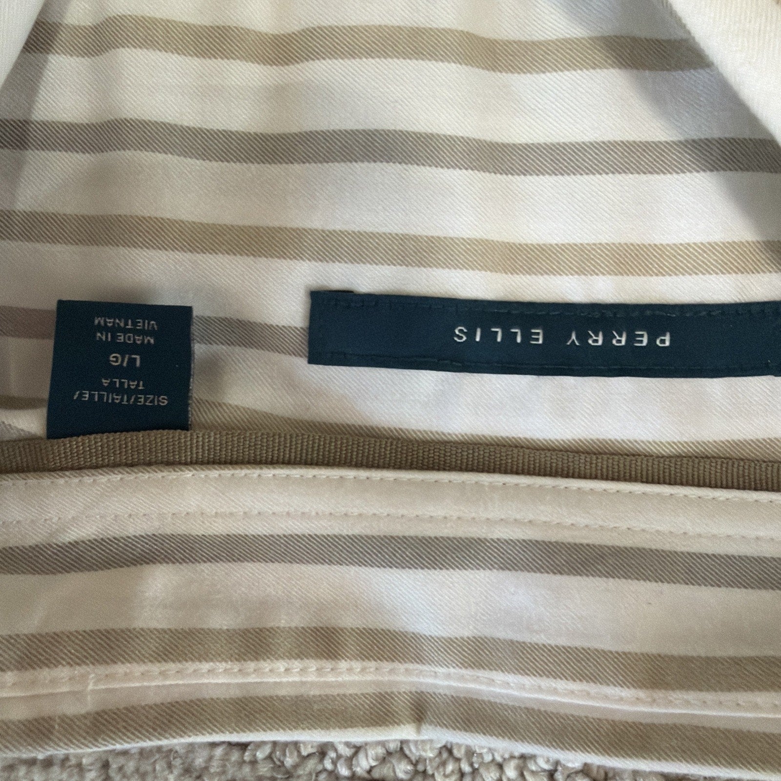 Men’s Perry Ellis Tencel Button Down Dress Shirt Tan/White LS Stripe Size L