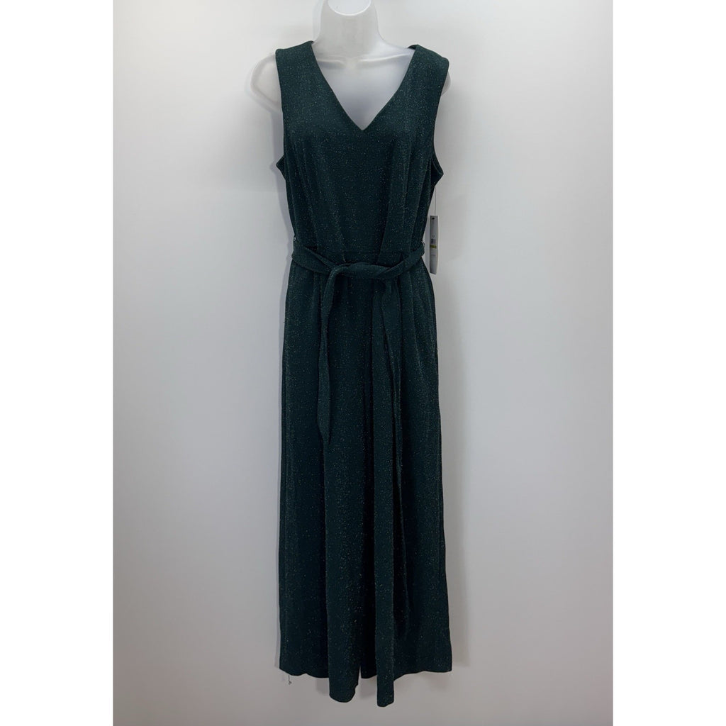 Calvin Klein Green Metallic Cropped Jumpsuit Belted Lined Women’s Size 14 NWT