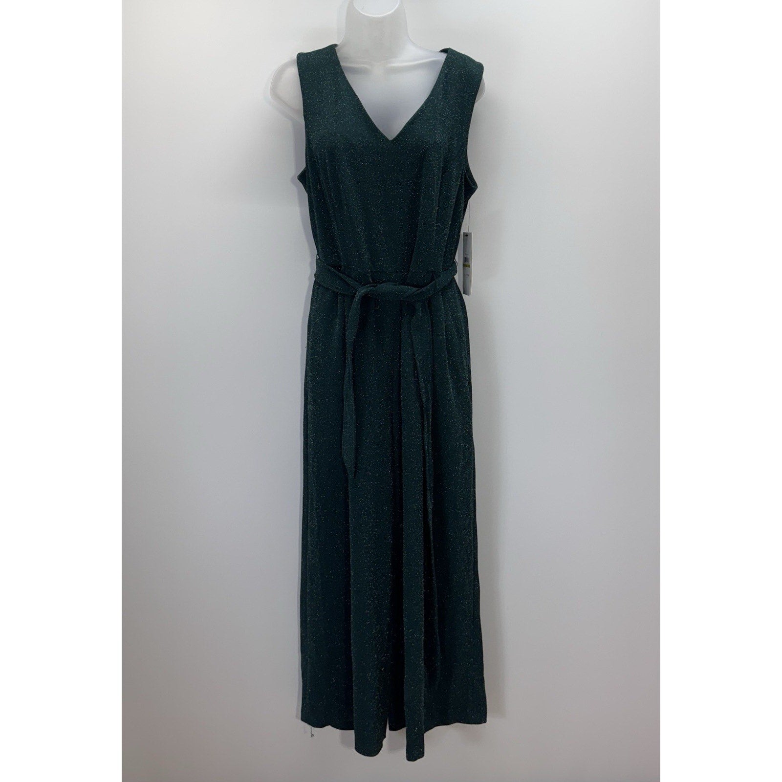 Calvin Klein Green Metallic Cropped Jumpsuit Belted Lined Women’s Size 14 NWT