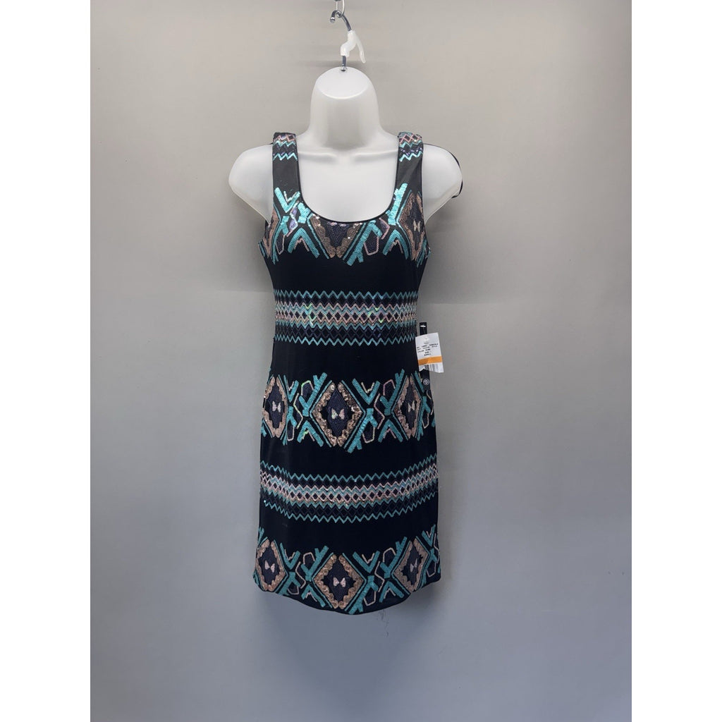 AS U WISH Sequin Bodycon Mini Dress Womens Small Black Teal Aztec Party Cocktail