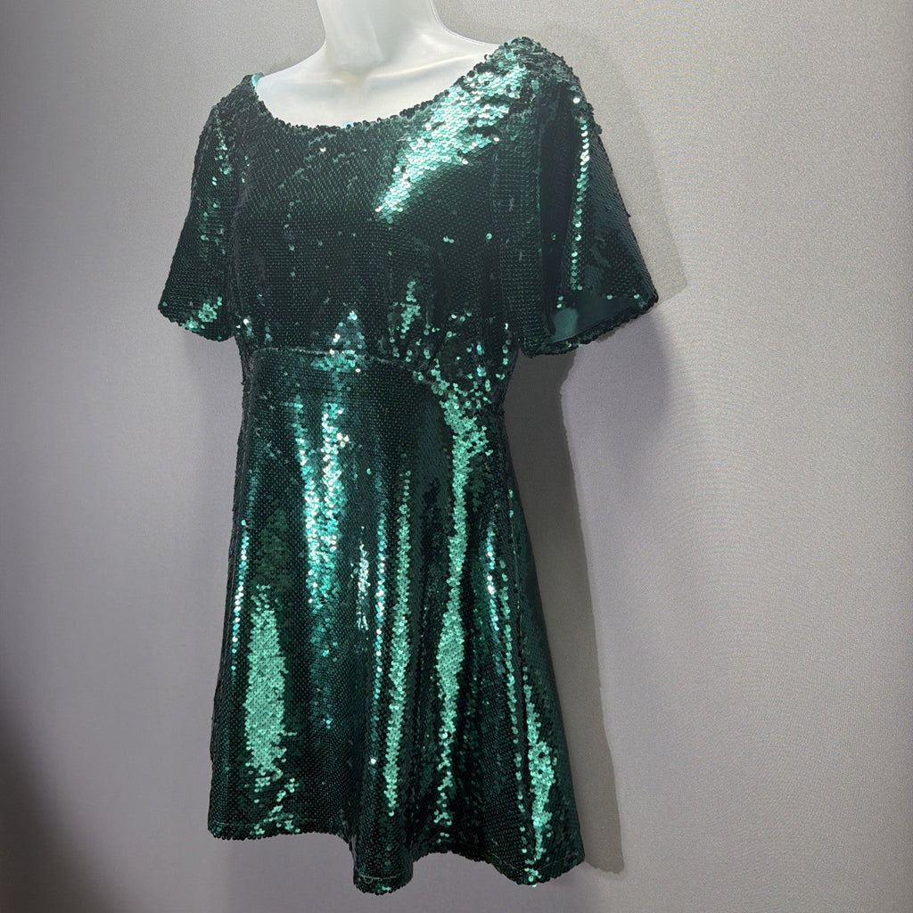 Francesca's Emerald Green Sequin Short Sleeve Dress Size Medium Holiday Formal