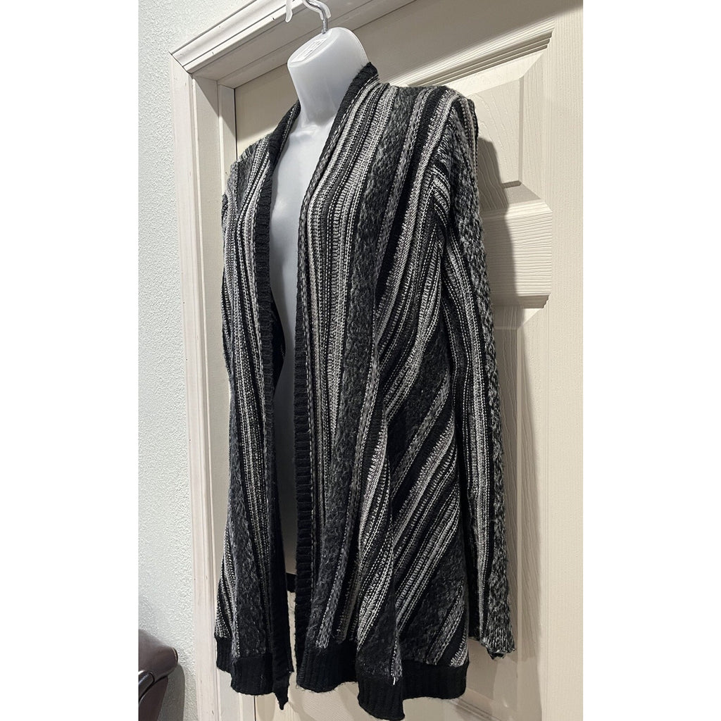 Vintage X America Size L Grey Black Stripe Heavy Knit Swing Open Front Cardigan
