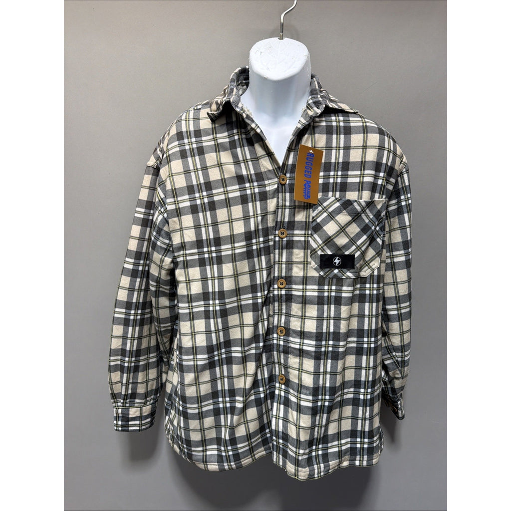 Rugged Point Flannel Shacket Mens XL Biege Plaid Sherpa Fleece Lined Button Up