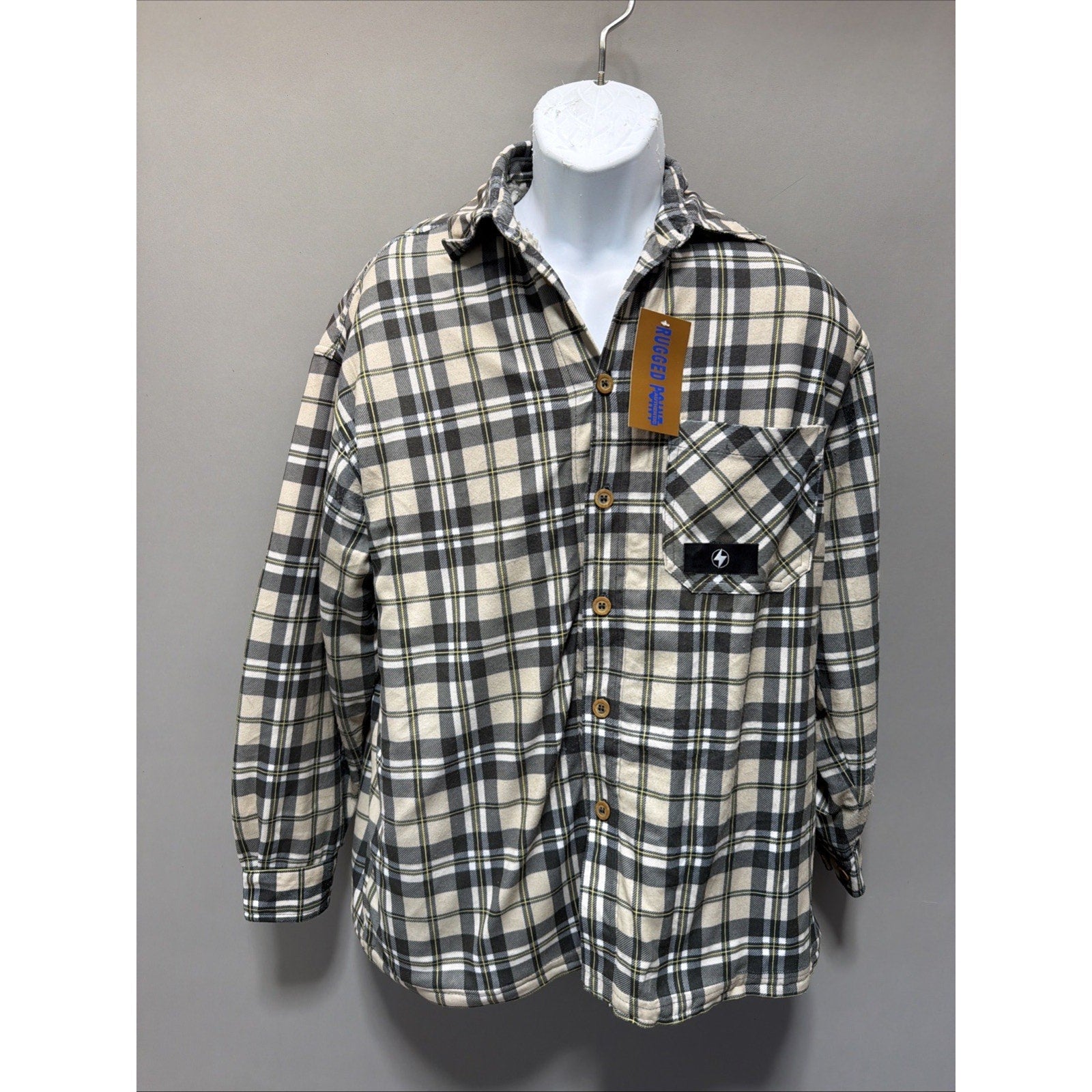 Rugged Point Flannel Shacket Mens XL Biege Plaid Sherpa Fleece Lined Button Up