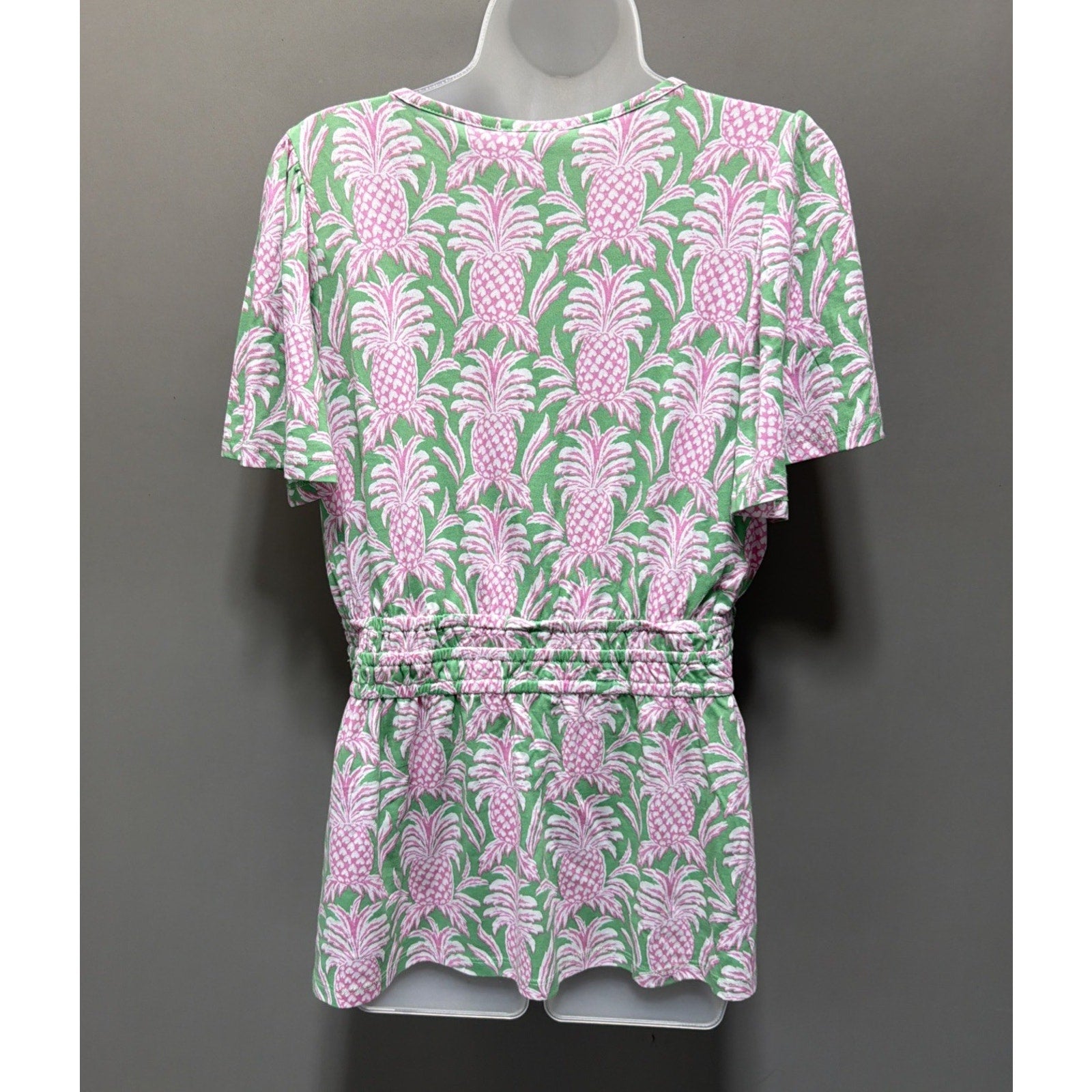 Crown & Ivy Pineapple Print Smock V-Neck Short Sleeve Top Womens L NWT