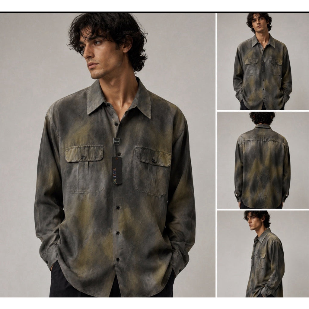 Tulliano 100% Silk Button Front Shirt Mens XXL Gray Black Burnout Abstract