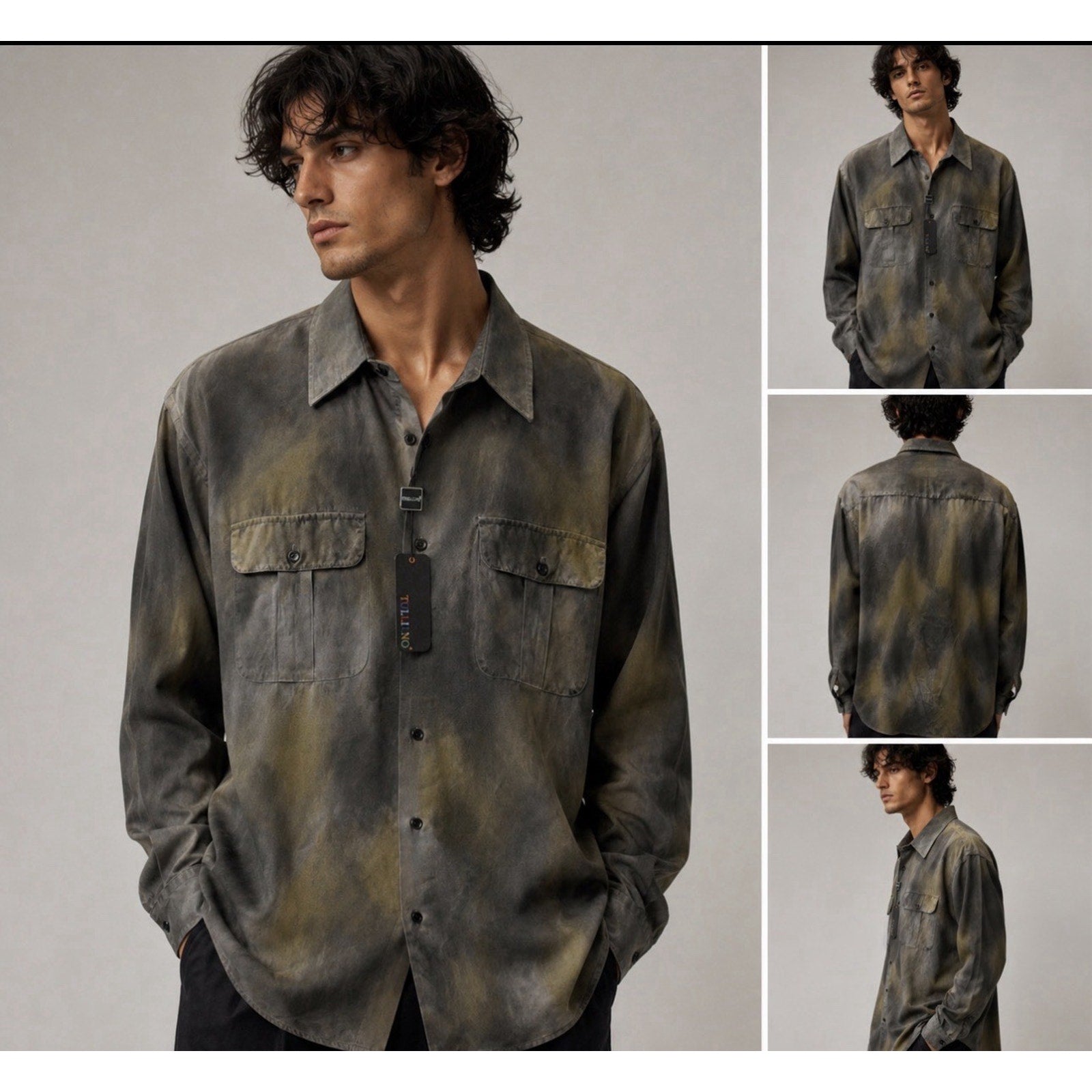 Tulliano 100% Silk Button Front Shirt Mens XXL Gray Black Burnout Abstract