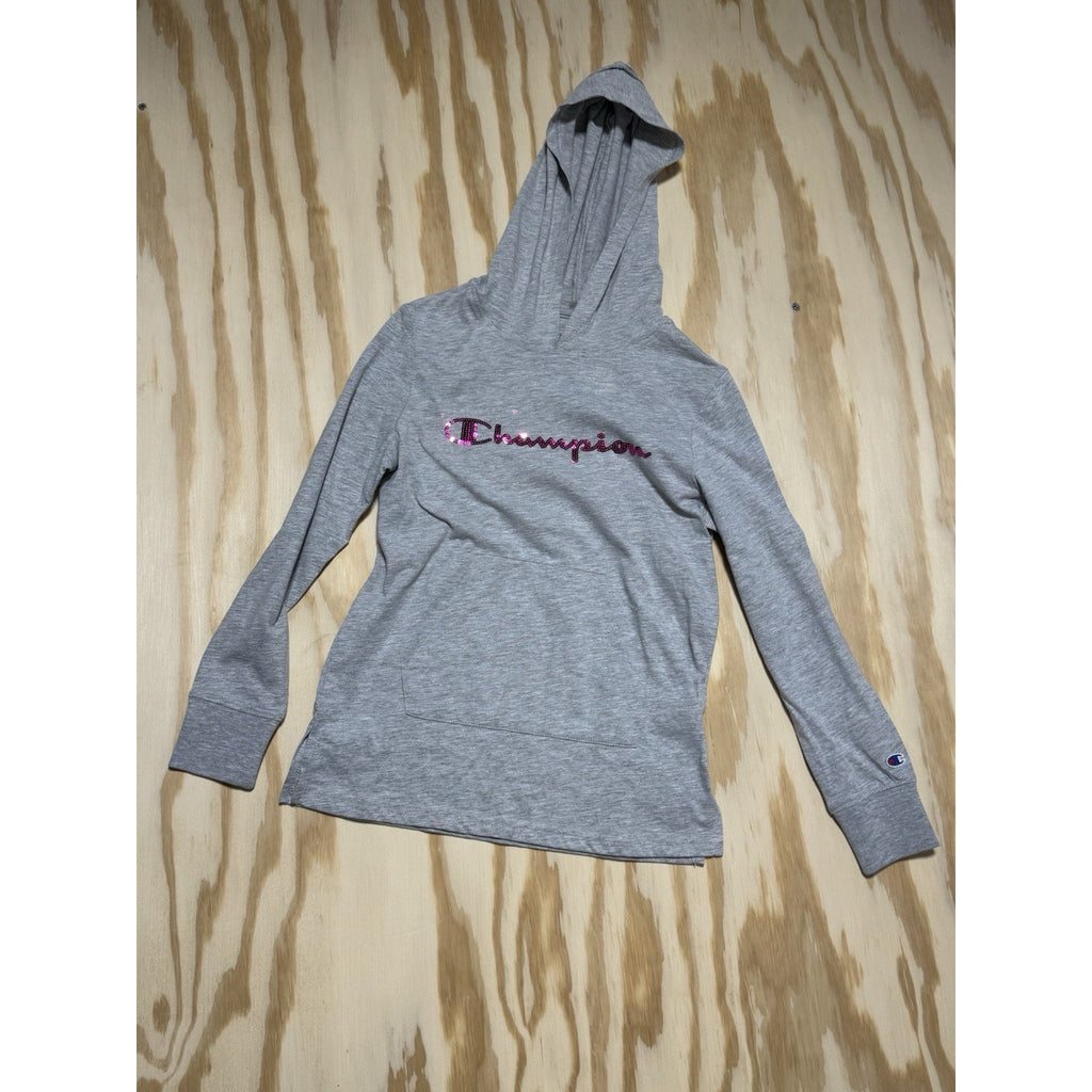 Champion Girls Hoodie Large Gray Pink SEQUIN Script Logo Pullover Youth L 10/12