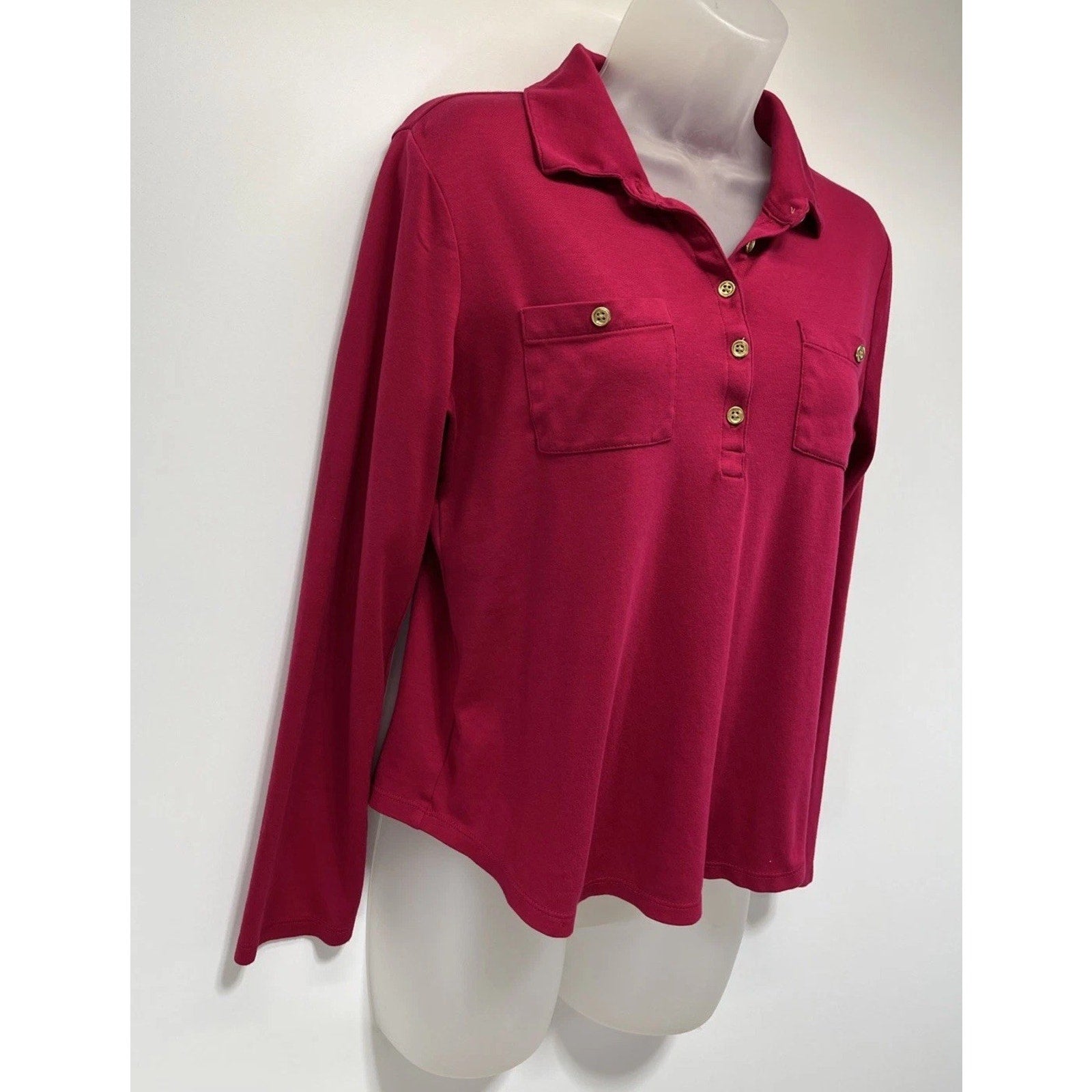 Womens Top Medium Petite Long Sleeve Pink Collared Magenta Pink Talbots