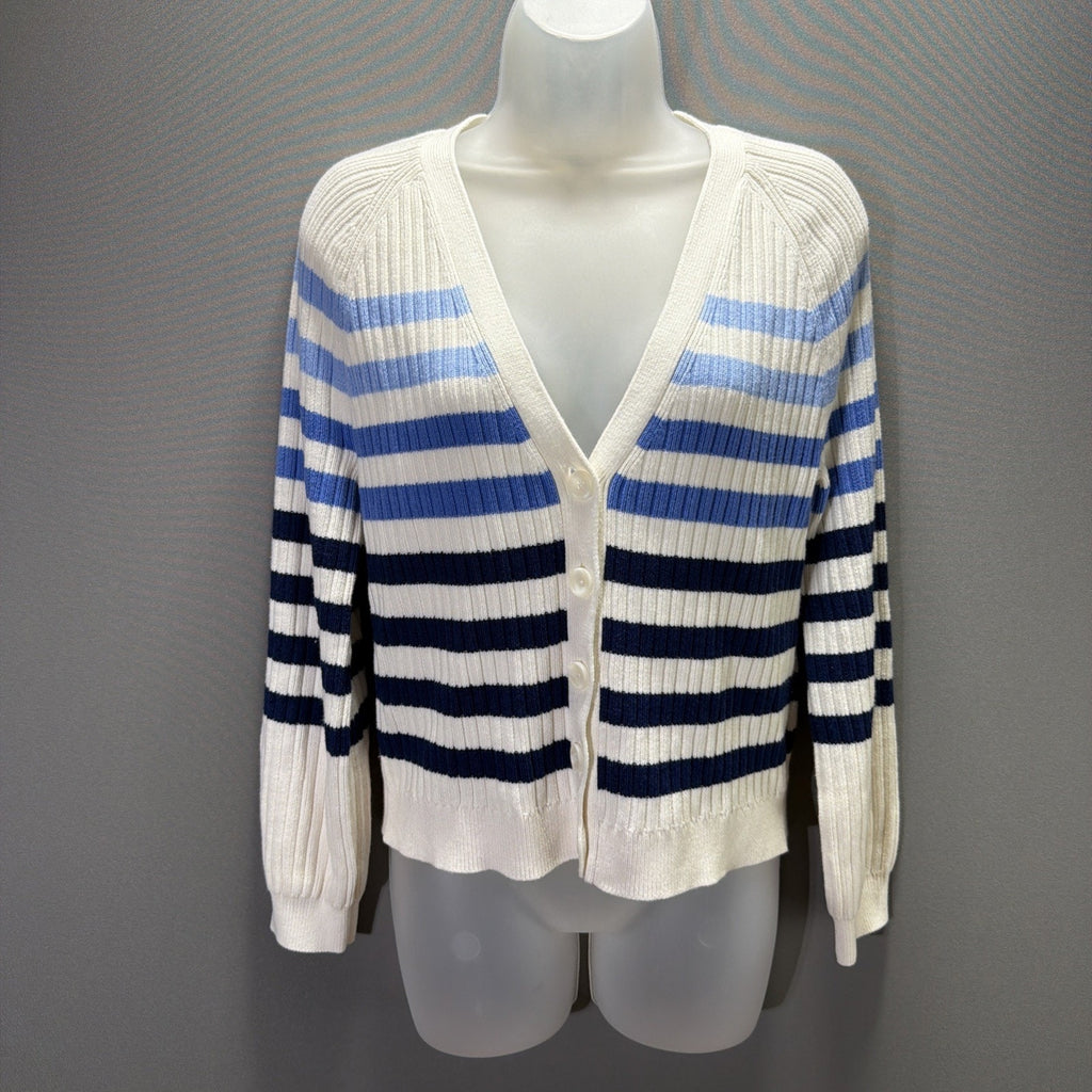NWT TALBOTS IVORY/MULTI BLUE BRETON STRIPED V-NECK SWEATER SIZE SMALL PETITE