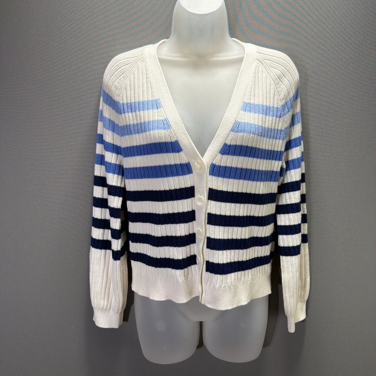NWT TALBOTS IVORY/MULTI BLUE BRETON STRIPED V-NECK SWEATER SIZE SMALL PETITE