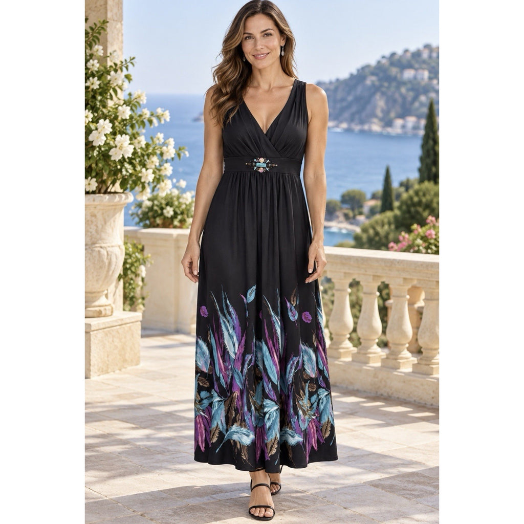 Ronni Nicole Maxi Dress Womens 12 Black Artsy Floral Stretch Sleeveless Boho