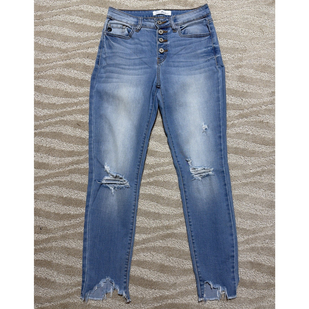 KanCan Jeans Women 7/27 Blue Skinny High Rise Denim Distressed Button Fly