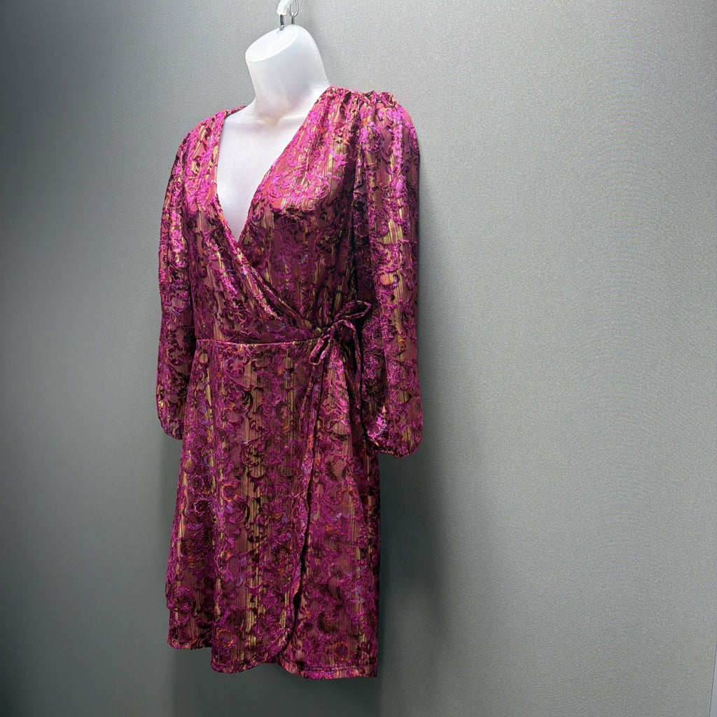 NWT LOFT $120 Shimmer Floral Velvet Wrap Dress Puff V-Neck Pink Purple Size 2