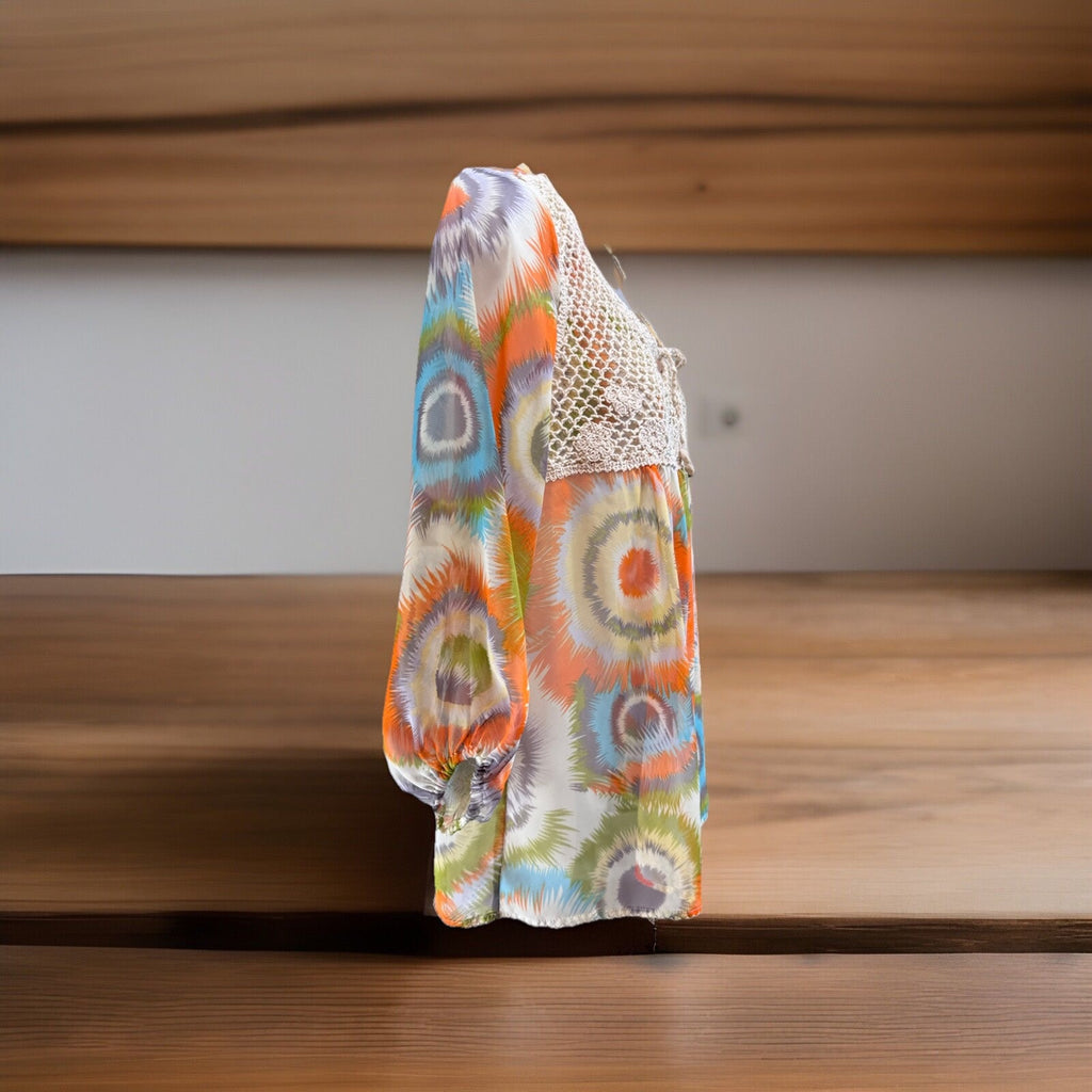 Mystree women S sheer blouse multicolor Tie Dye print scoop neck ties 3/4 sleeve