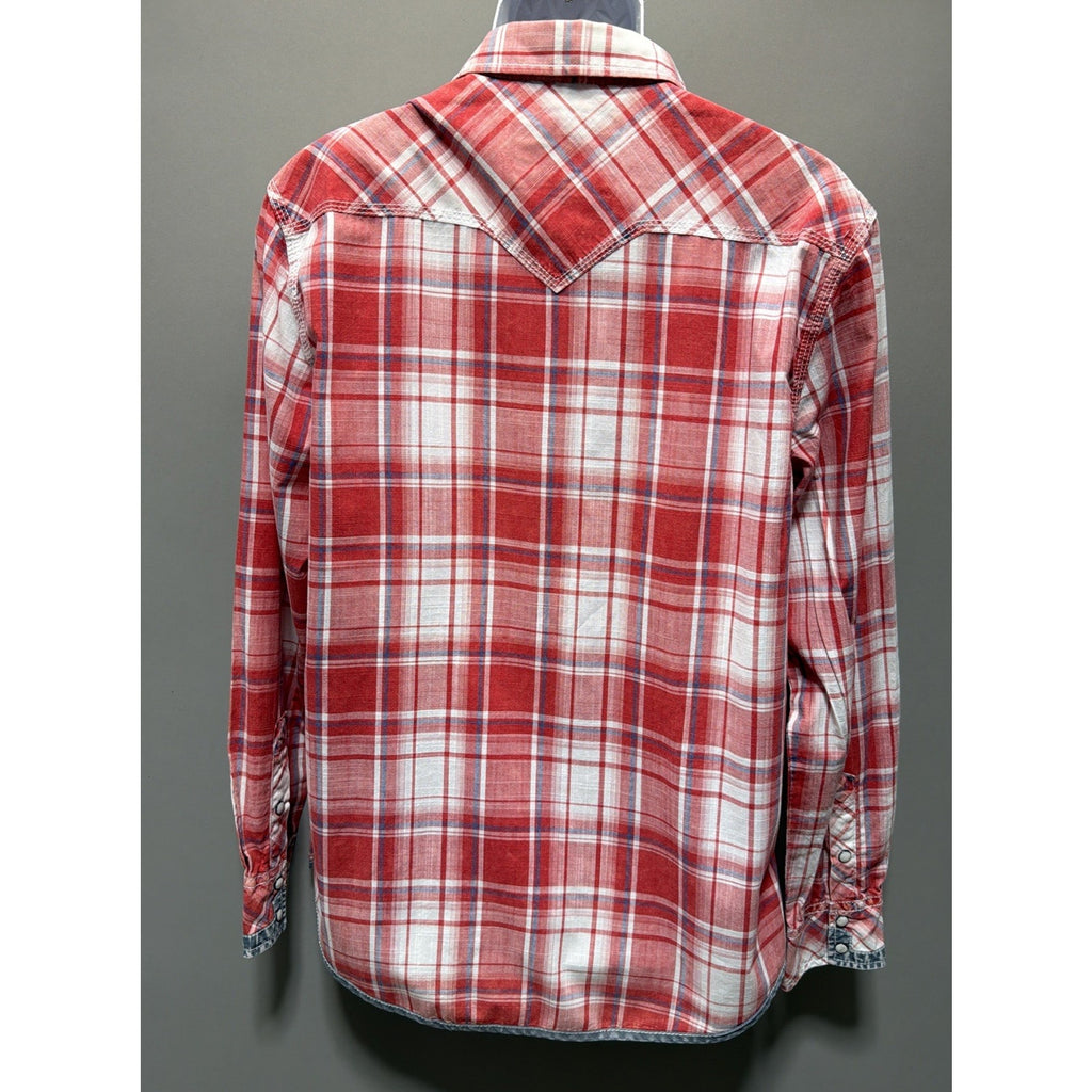 BKE Mens Red Plaid Pearl Snap Shirt Athletic Fit Size L Western Cowboy