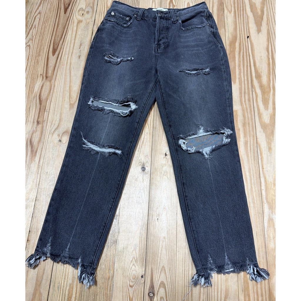 Pistola Distressed Destroyed High Rise Button Fly Mom Jeans in Gray 27