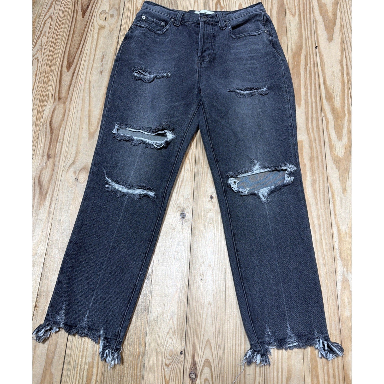 Pistola Distressed Destroyed High Rise Button Fly Mom Jeans in Gray 27