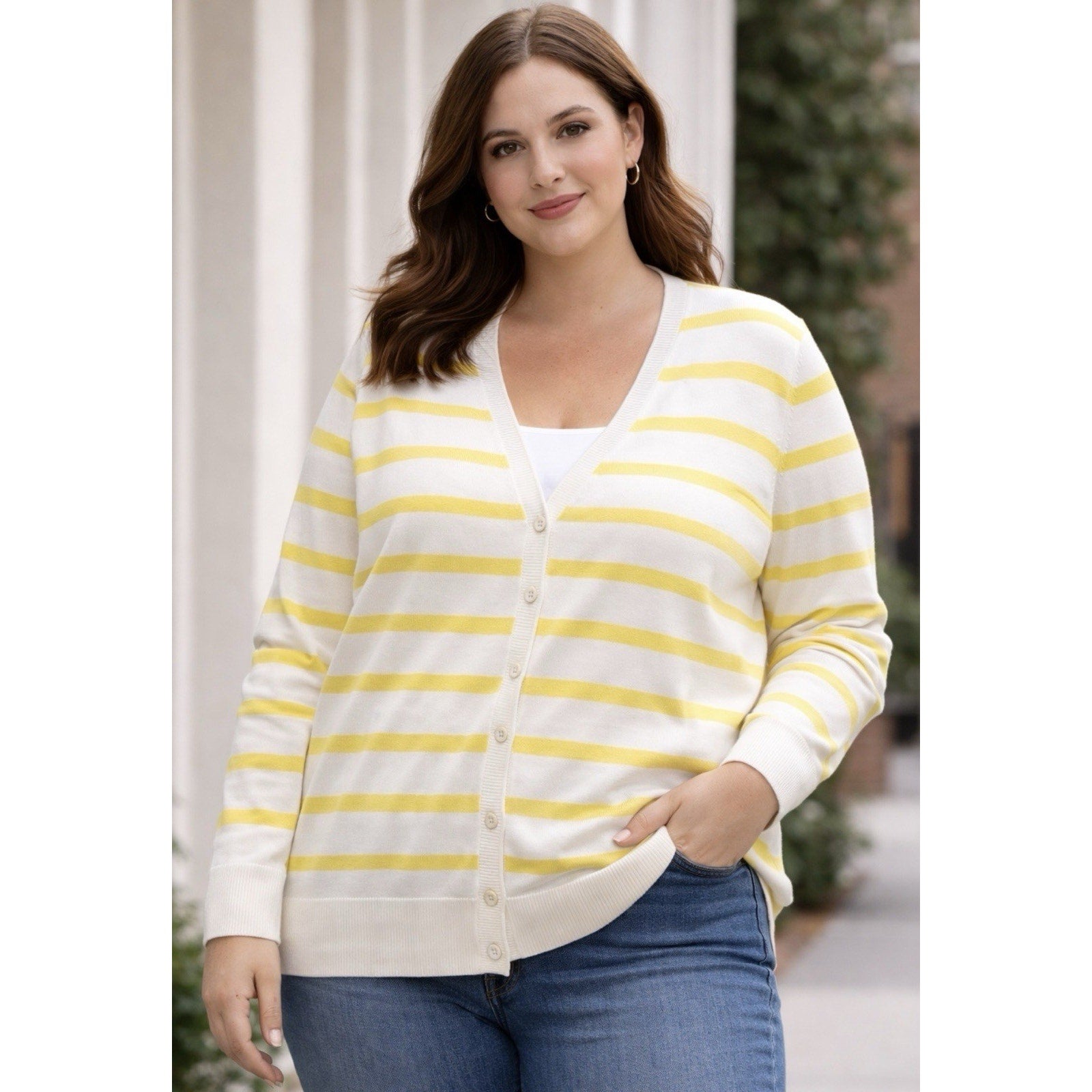 Talbots cardigan sweater womens Plus 2X Striped V-Neck yellow white preppy NWT