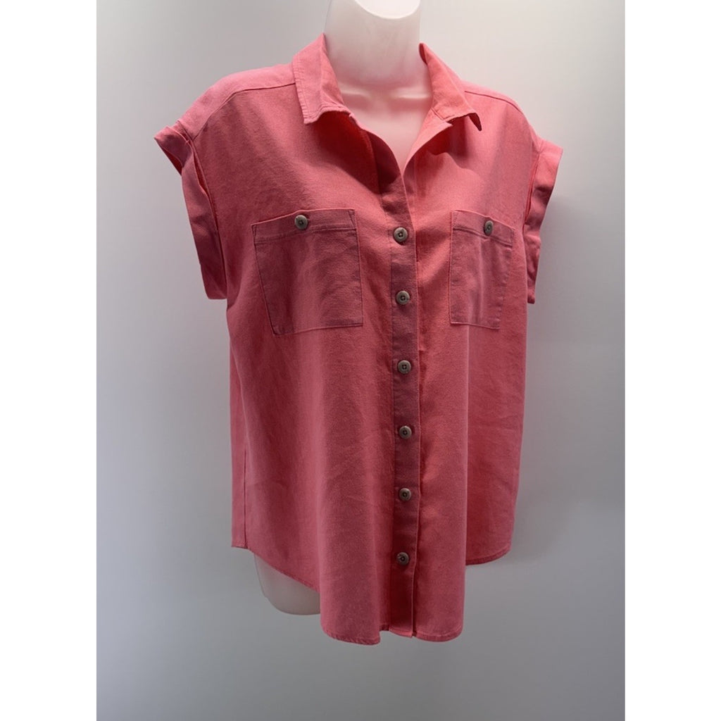 Isabel Short Sleeve Linen Blend Button Up Pink Blouse Women’s Size Small