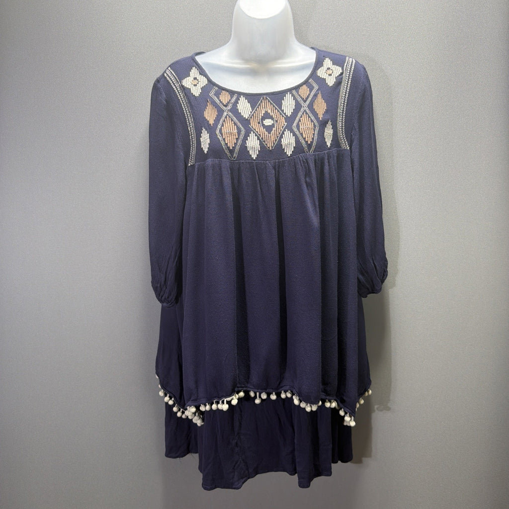 Jodifl Dress Womens Large Navy Blue Embroidered Pom Pom Boho Tunic Mini