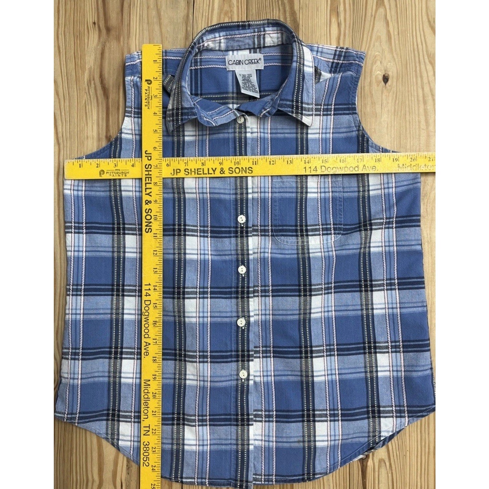 Cabin Creek Womens Blue Plaid Sleeveless Collared Button-Up Shirt Size Petite L