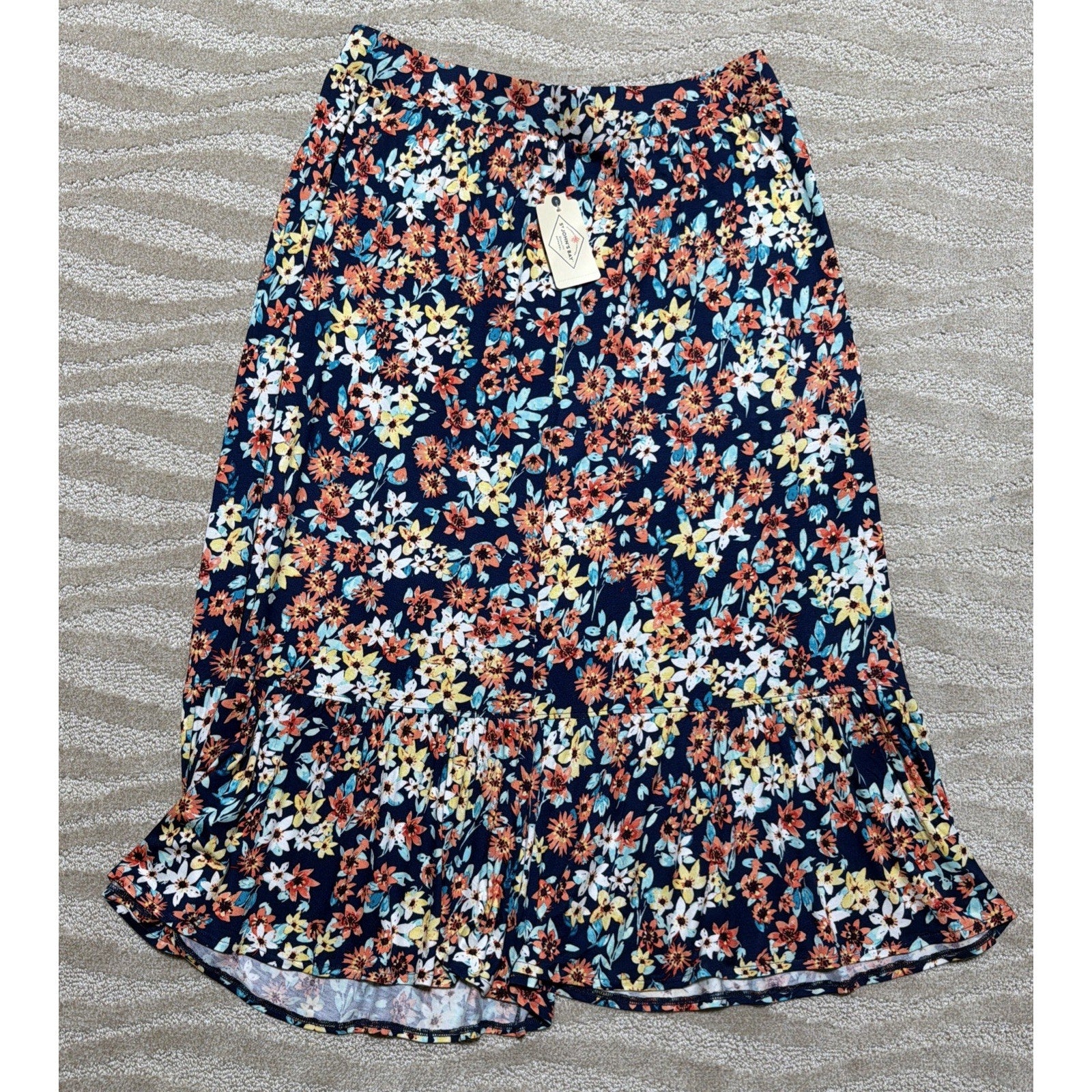 NWT St. John's Bay Maxi Skirt Womens 2XL Navy Blue Multi Floral Boho Resort Wear