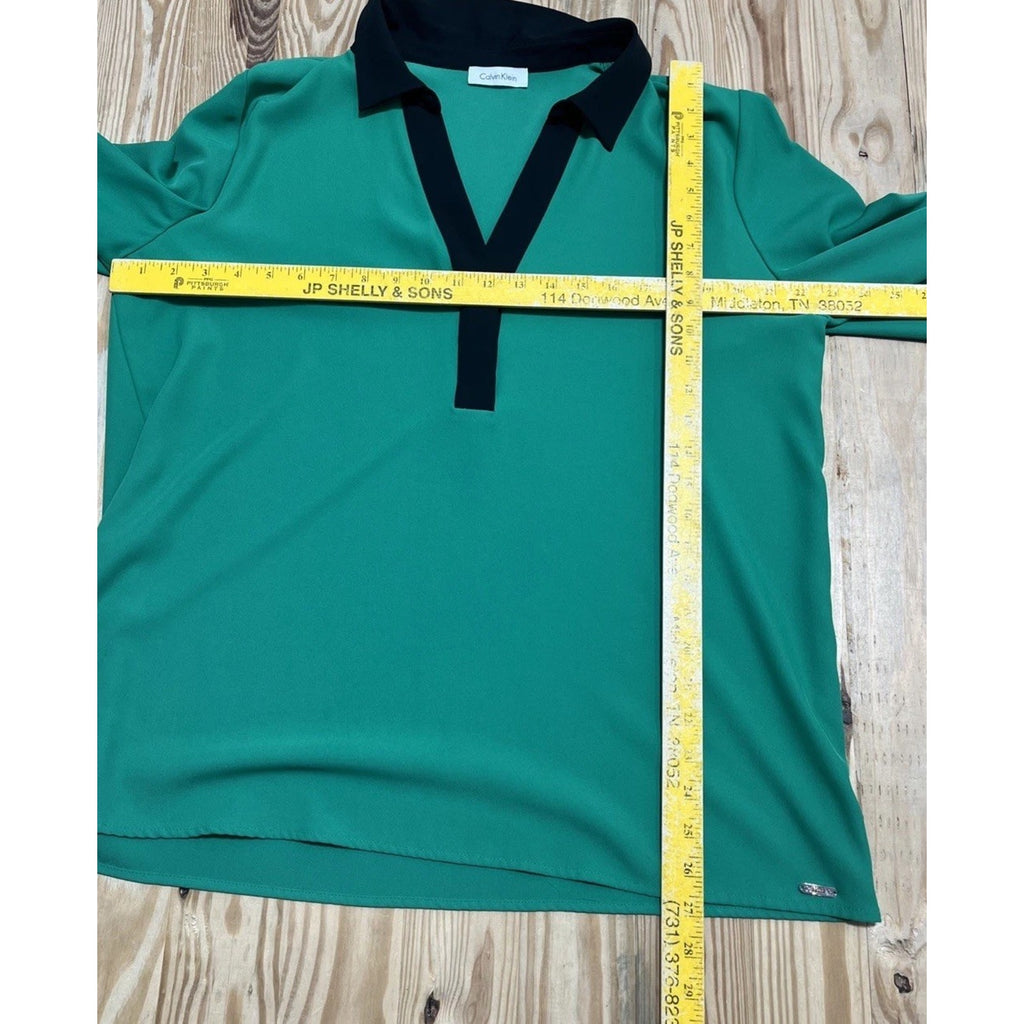 Calvin Klein Green Black Trim Long Sleeve V-Neck Womens Tunic Top Size 16