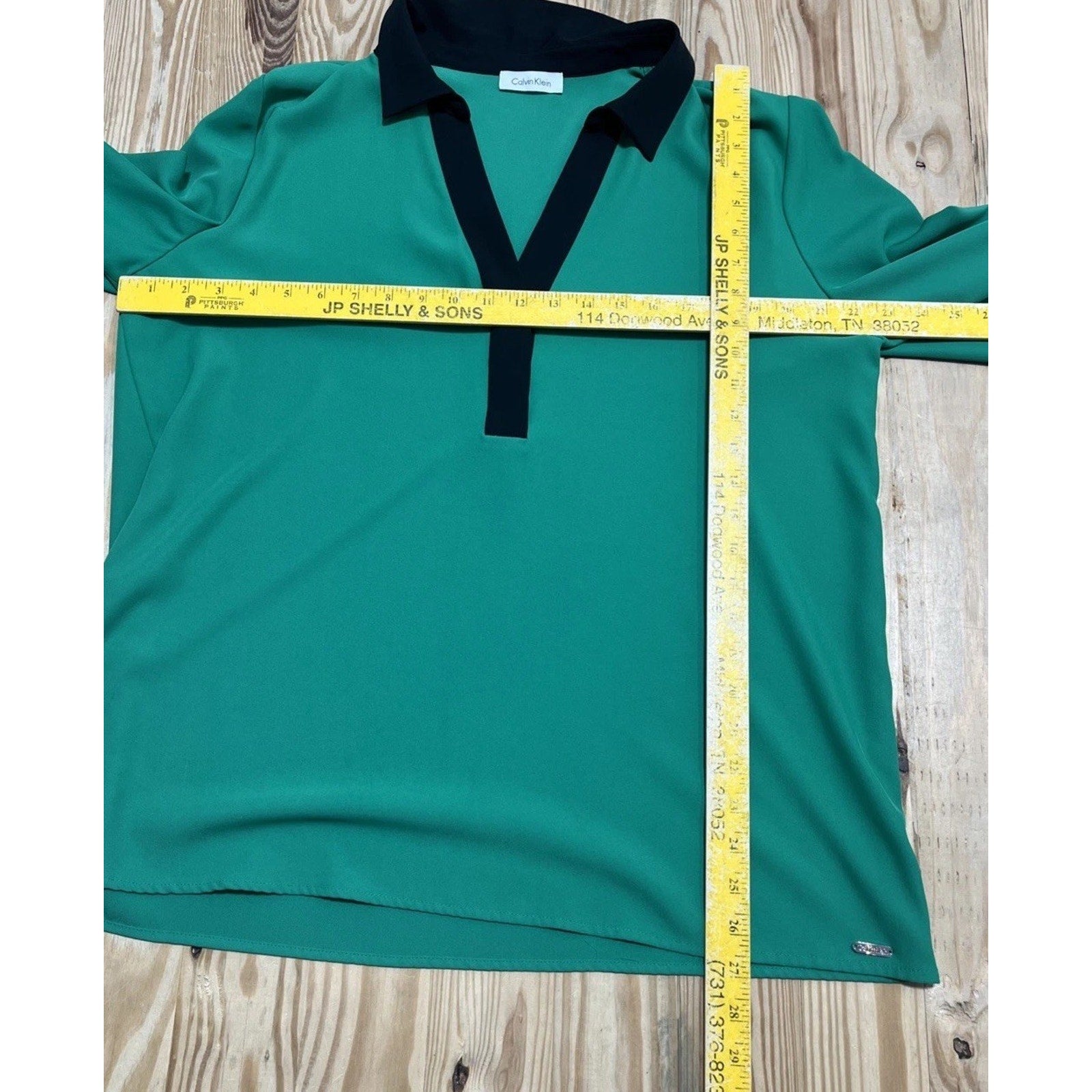 Calvin Klein Green Black Trim Long Sleeve V-Neck Womens Tunic Top Size 16