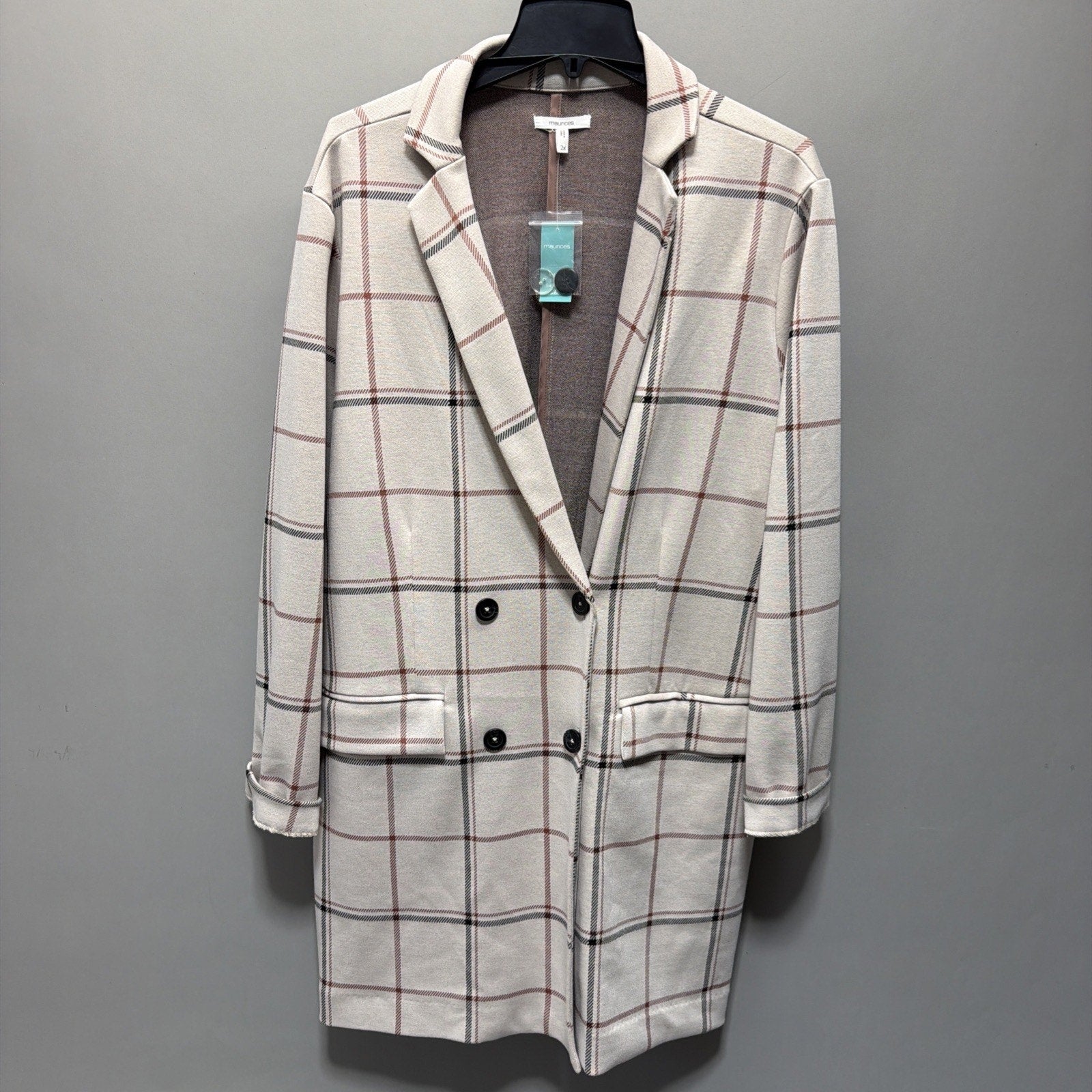NWT Maurices Double Breasted Plaid Window Pane Duster Blazer Woman Plus Sz 2X