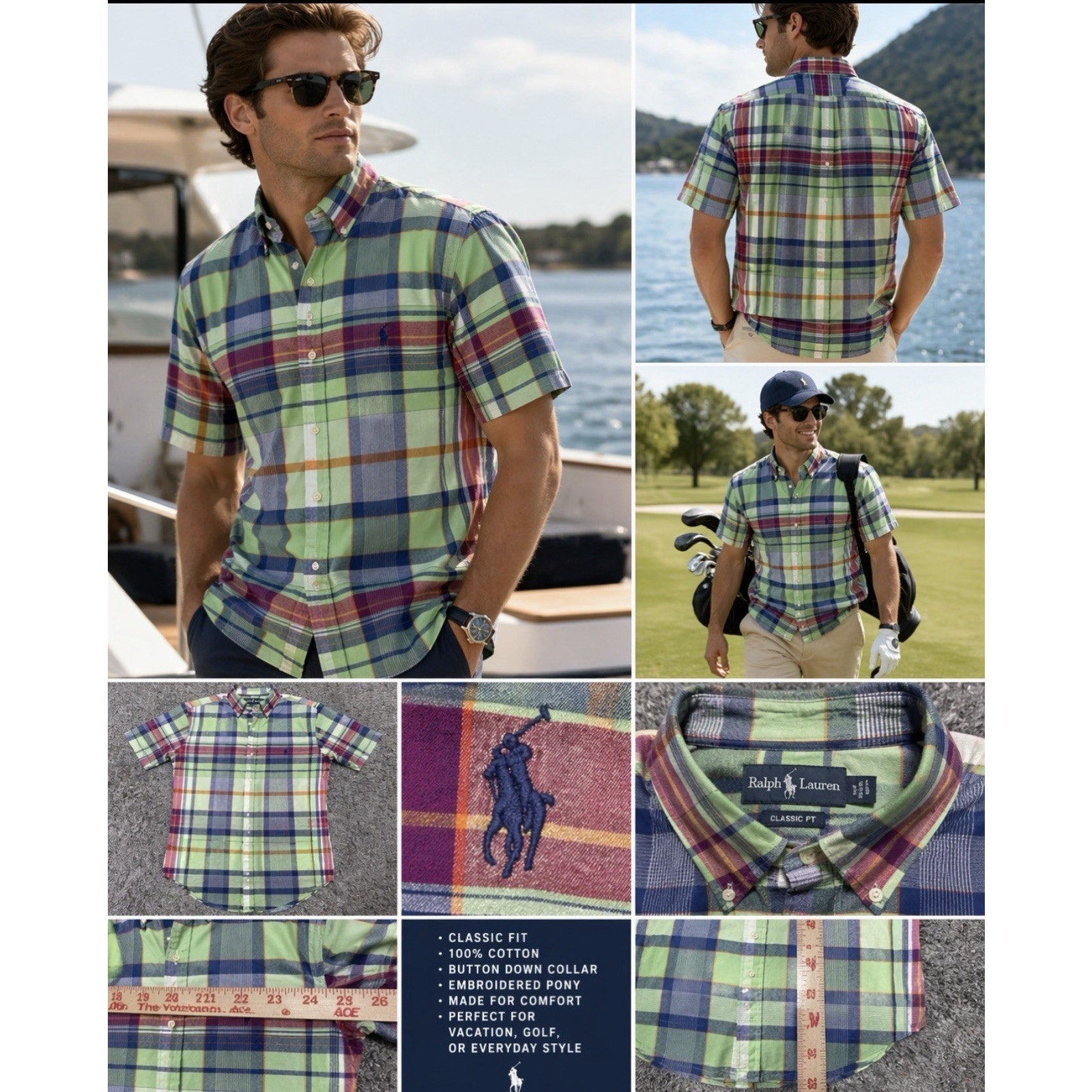 Polo Ralph Lauren Shirt Mens M Classic Fit Plaid Short Sleeve Button Down Green