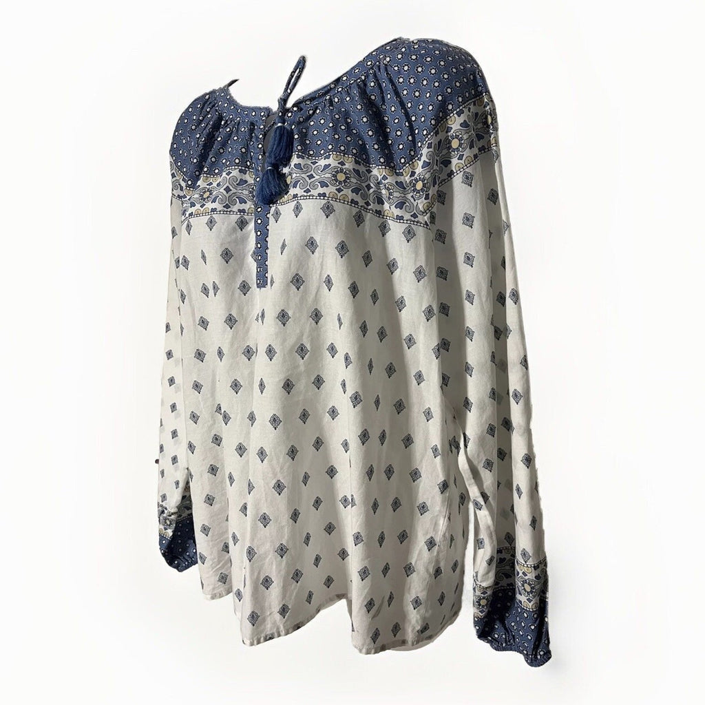 NAUTICA Women's Bright White Printed Split Tie-Neck Long-Sleeve Top Medium