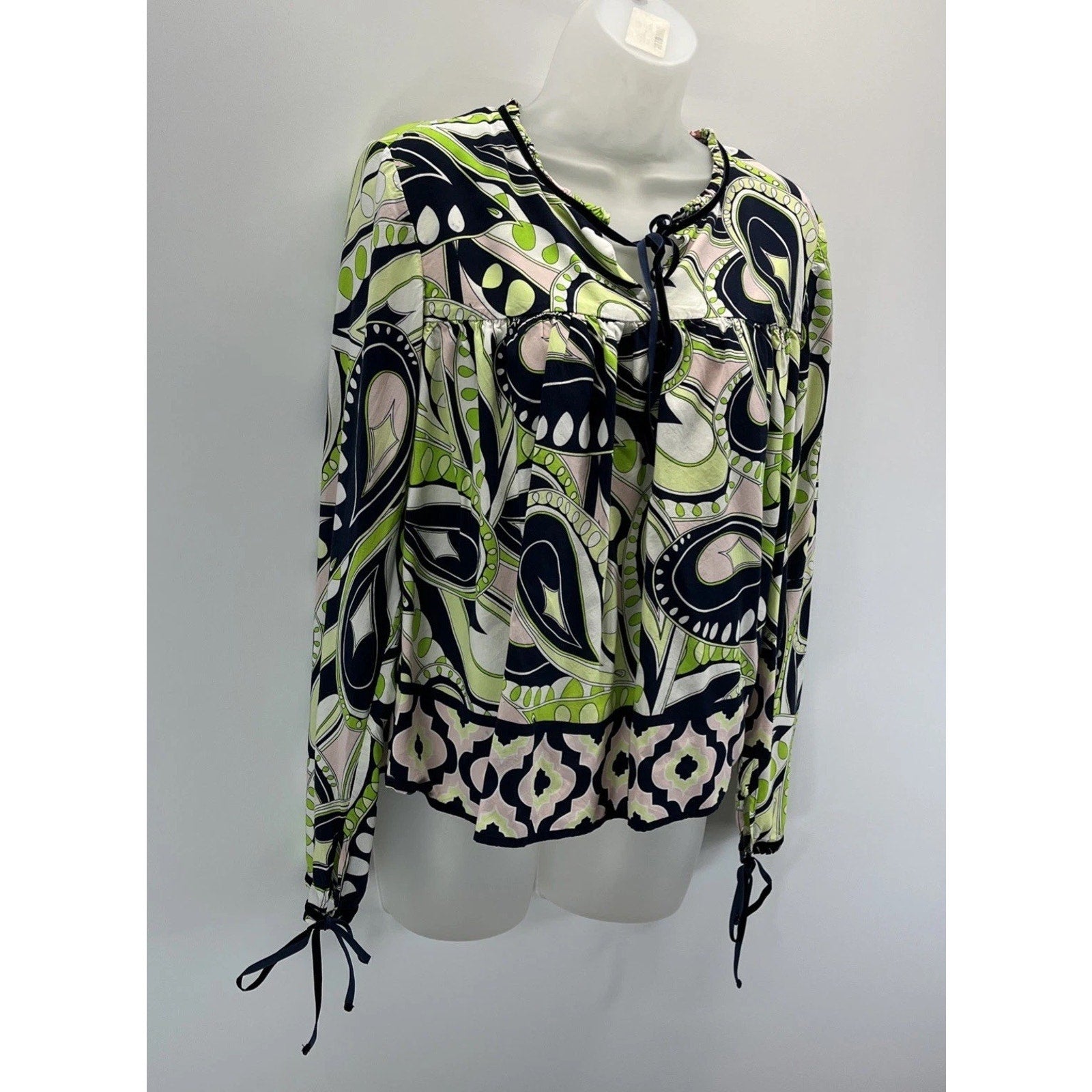 CROWN & IVY Navy/Green/Pink Womens Bohemian Shirt w/Velvet Ties Size M