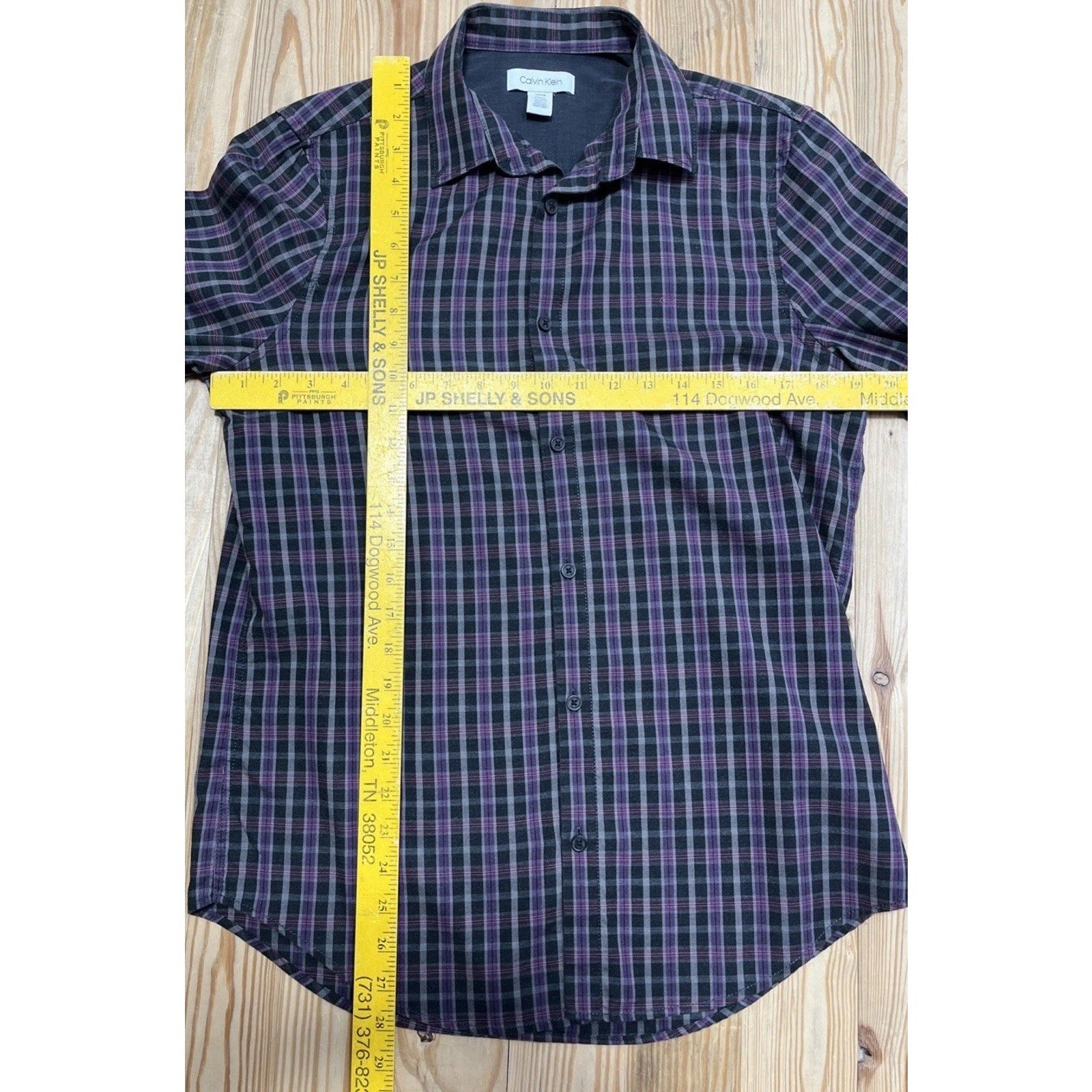 Calvin Klein Shirt Mens Small Black Purple Plaid Long Sleeve Button Up