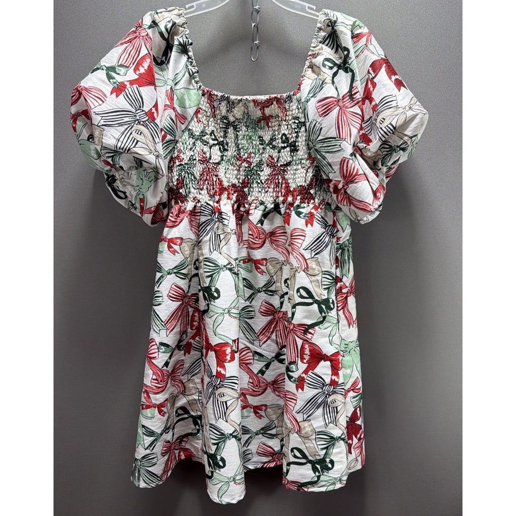 Crown & Ivy Sewing Down South Sew Merry Bow Print Puff Sleeve Mini Dress M