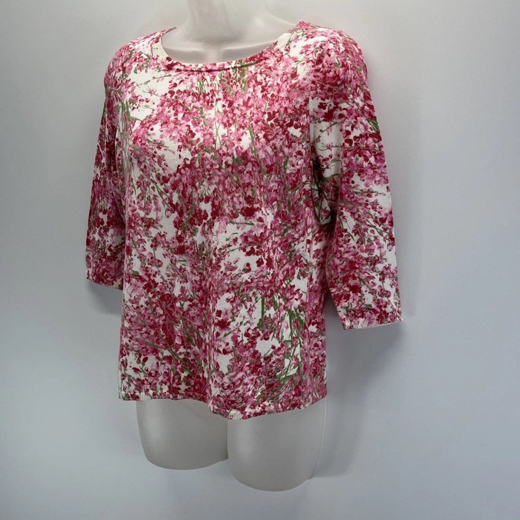 Talbots Women's Petite M Top Pink Red Floral 3/4 Sleeve Cotton Rayon