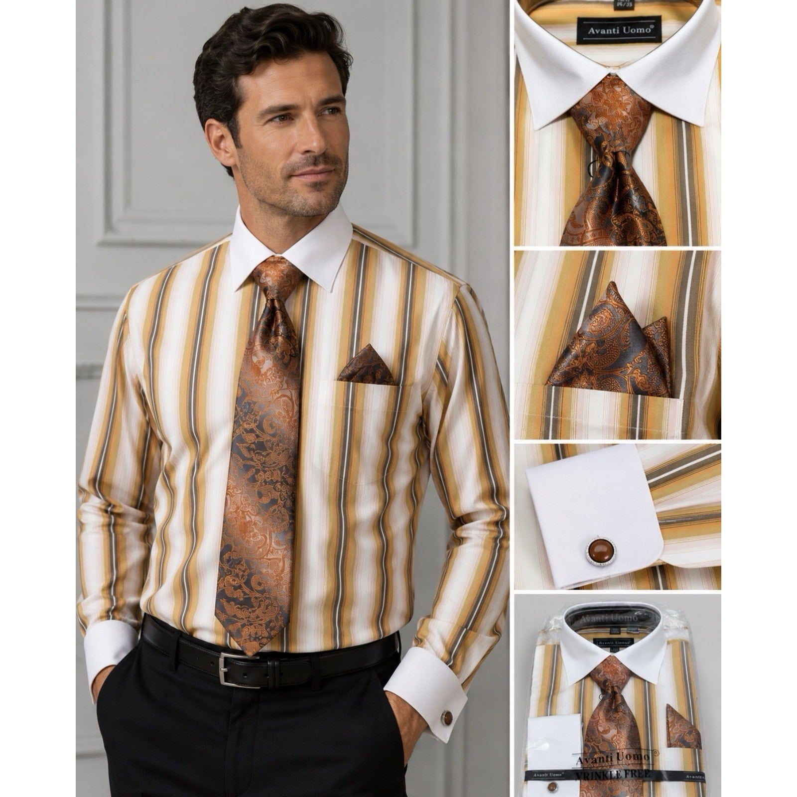 NWT Avanti Uomo 16.5 34/35 Dress Shirt Tie Hanky Cufflinks Set Orange Stripe