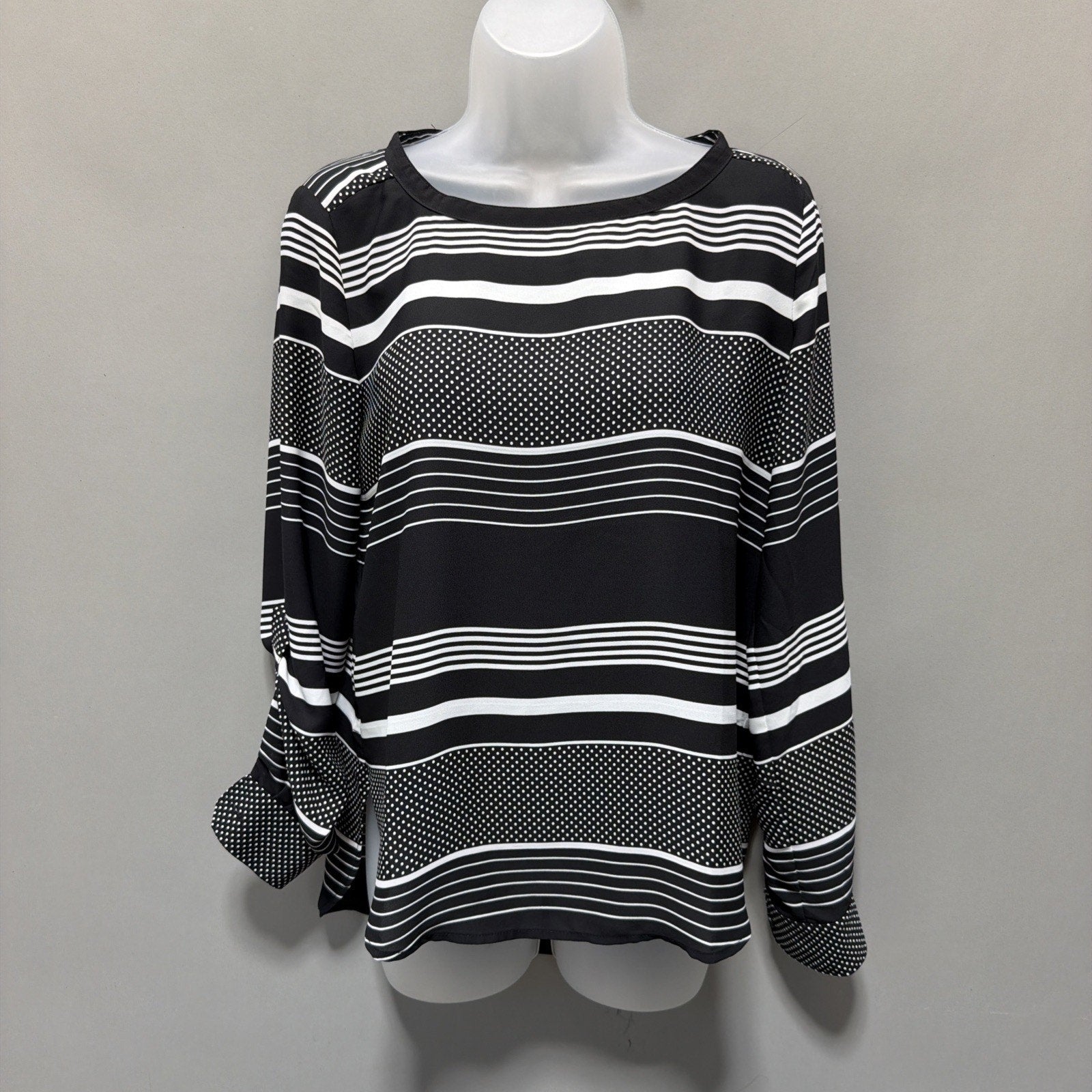 Ann Taylor LOFT Blouse Top Size XS Black White Striped Long Adj. Tab Sleeves