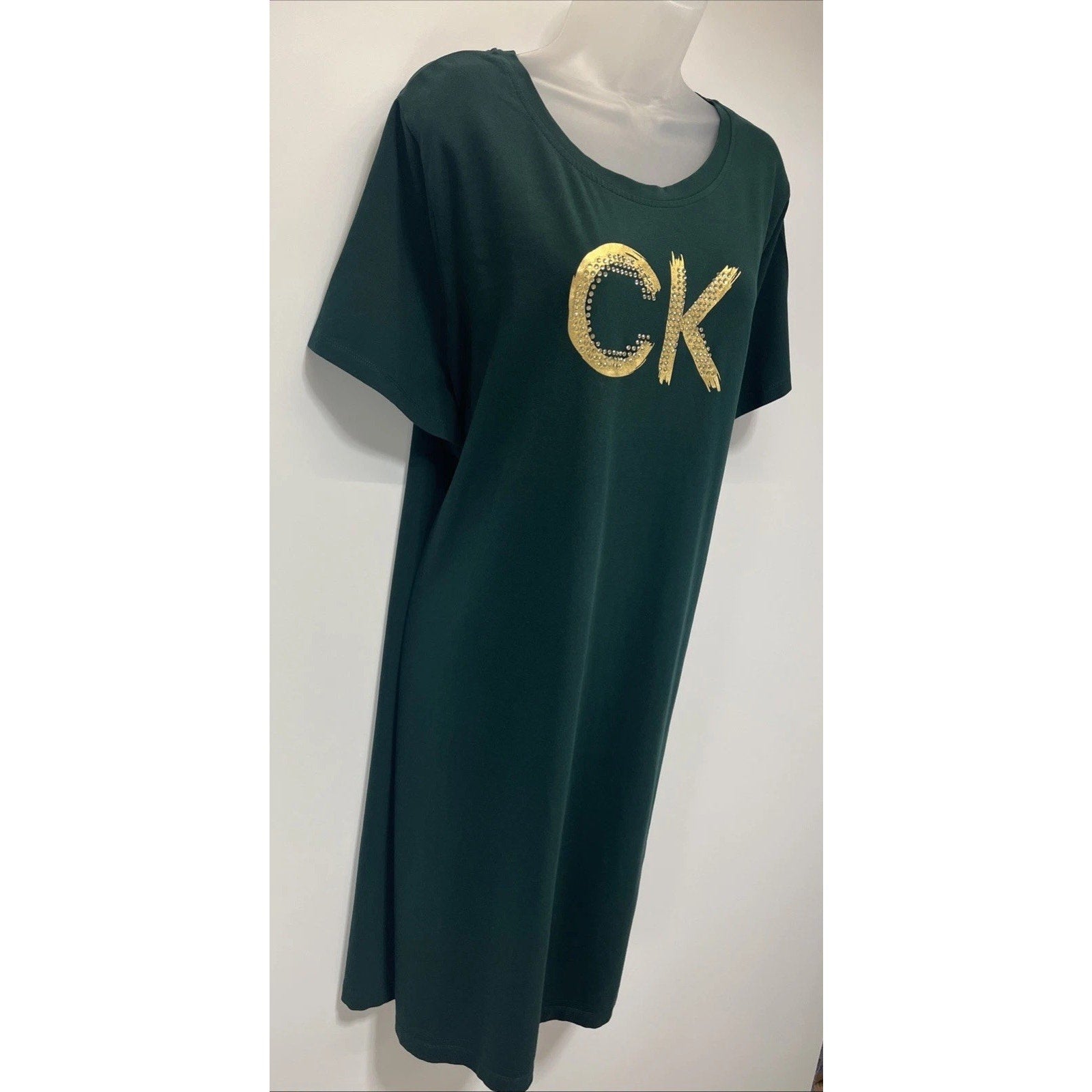 Calvin Klein Embellished Logo T-Shirt Dress For Women Size - 2X Green