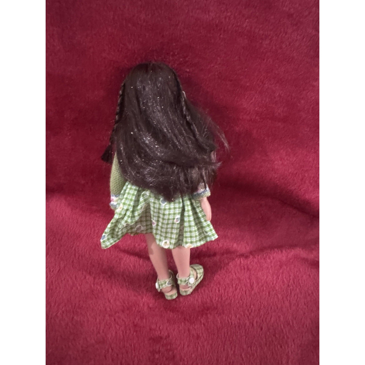 Vintage 9” Brunette Girl Doll Green Gingham Dress Knit Sweater Shoes Blue Eyes