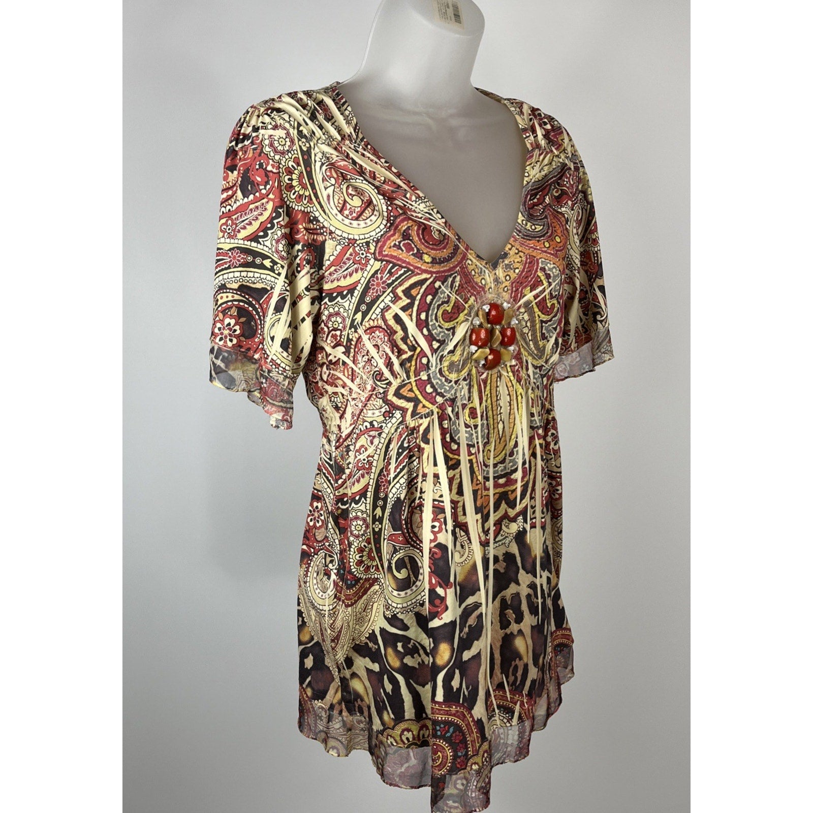 Live and Let Live Womens Tunic Blouse Top Size M Paisley Beaded Stones