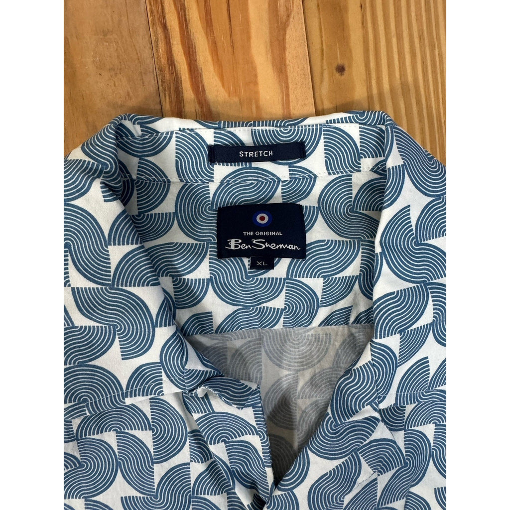 Ben Sherman men's XL Geo Block Print Shirt Button Up Short Sleeve Casual Blue
