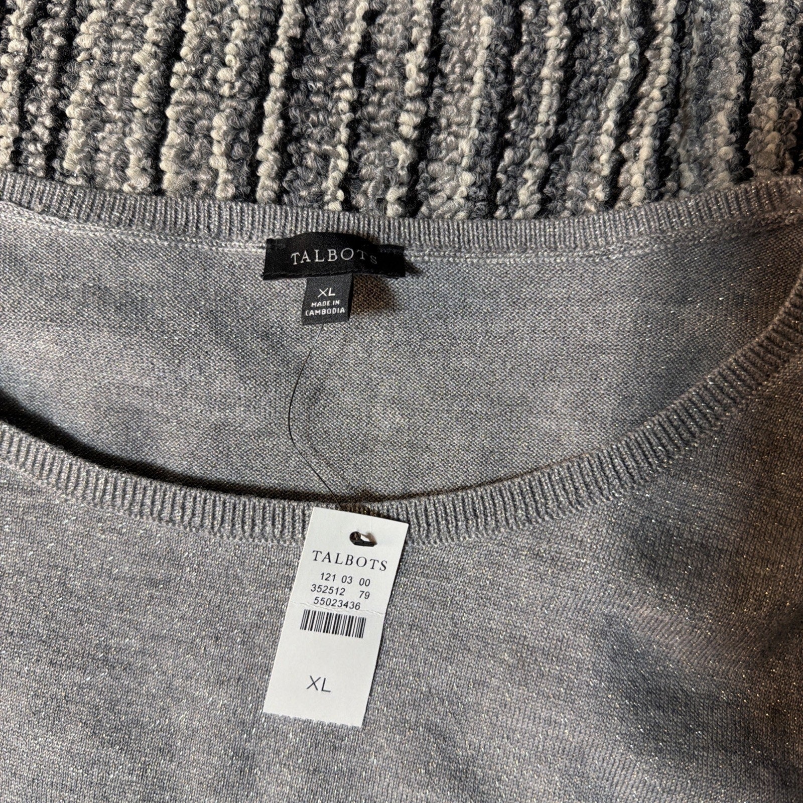 Talbots XL Sweater Gray Shimmer Silver Merino Wool Pearl Button Cuff New W Tags